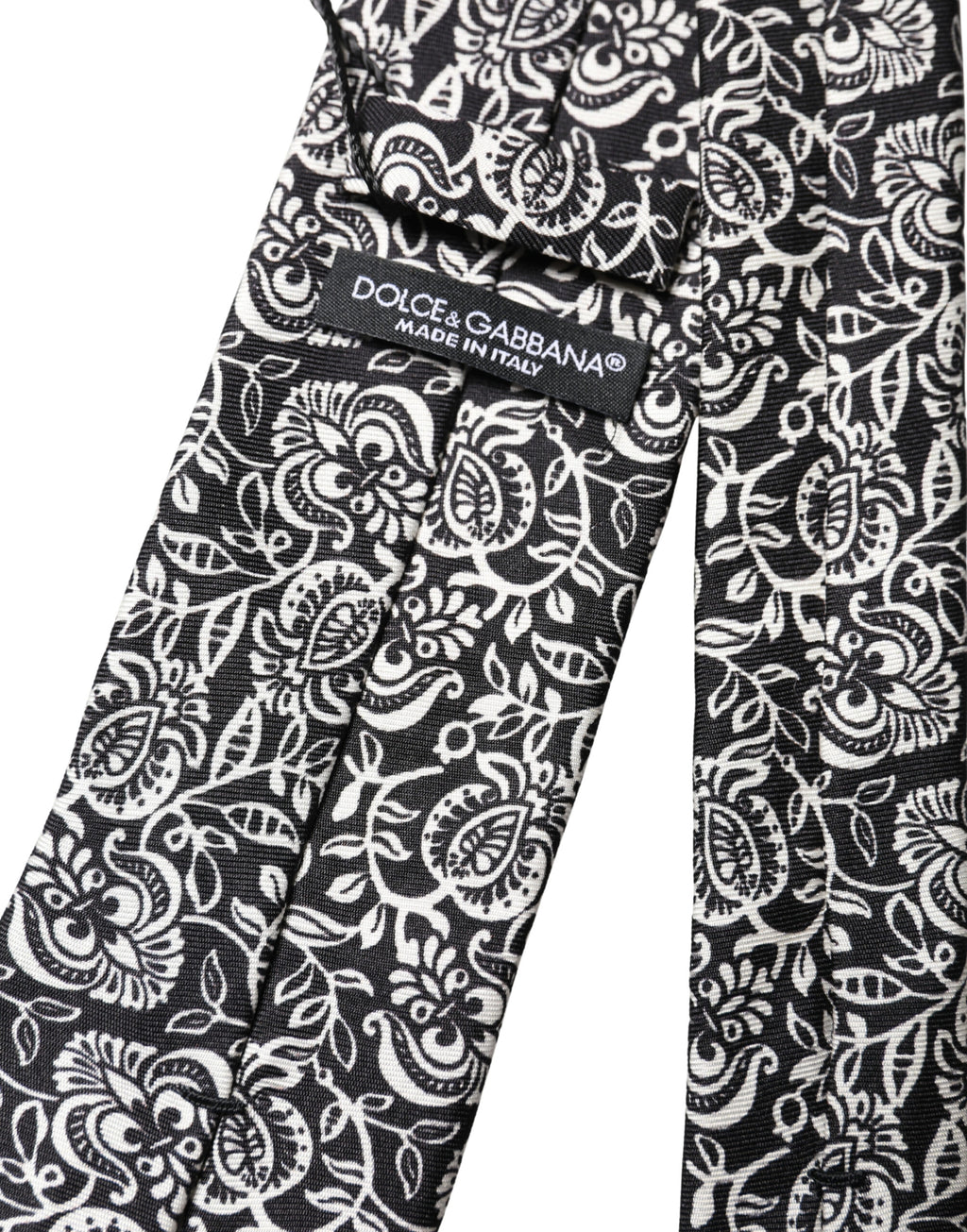 Black White Floral Fantasy Silk Adjustable Necktie Tie