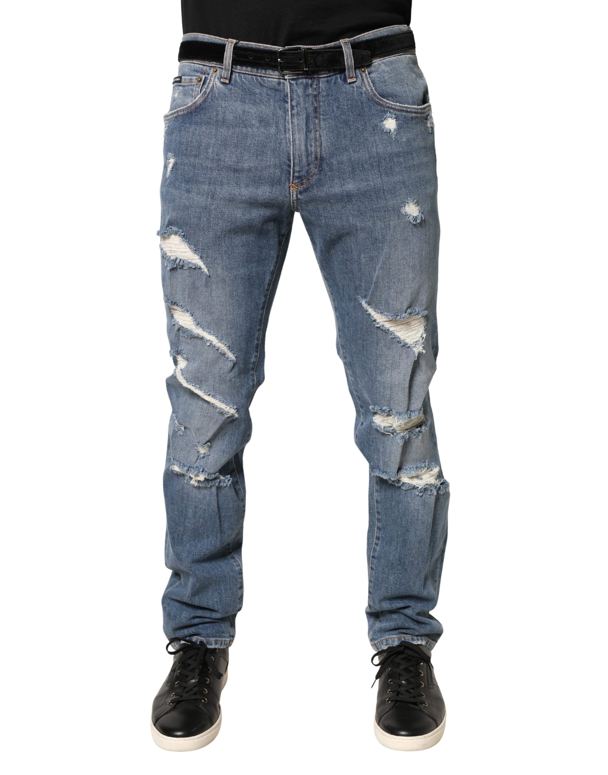 Blue Tattered Slim Fit Cotton Denim Jeans