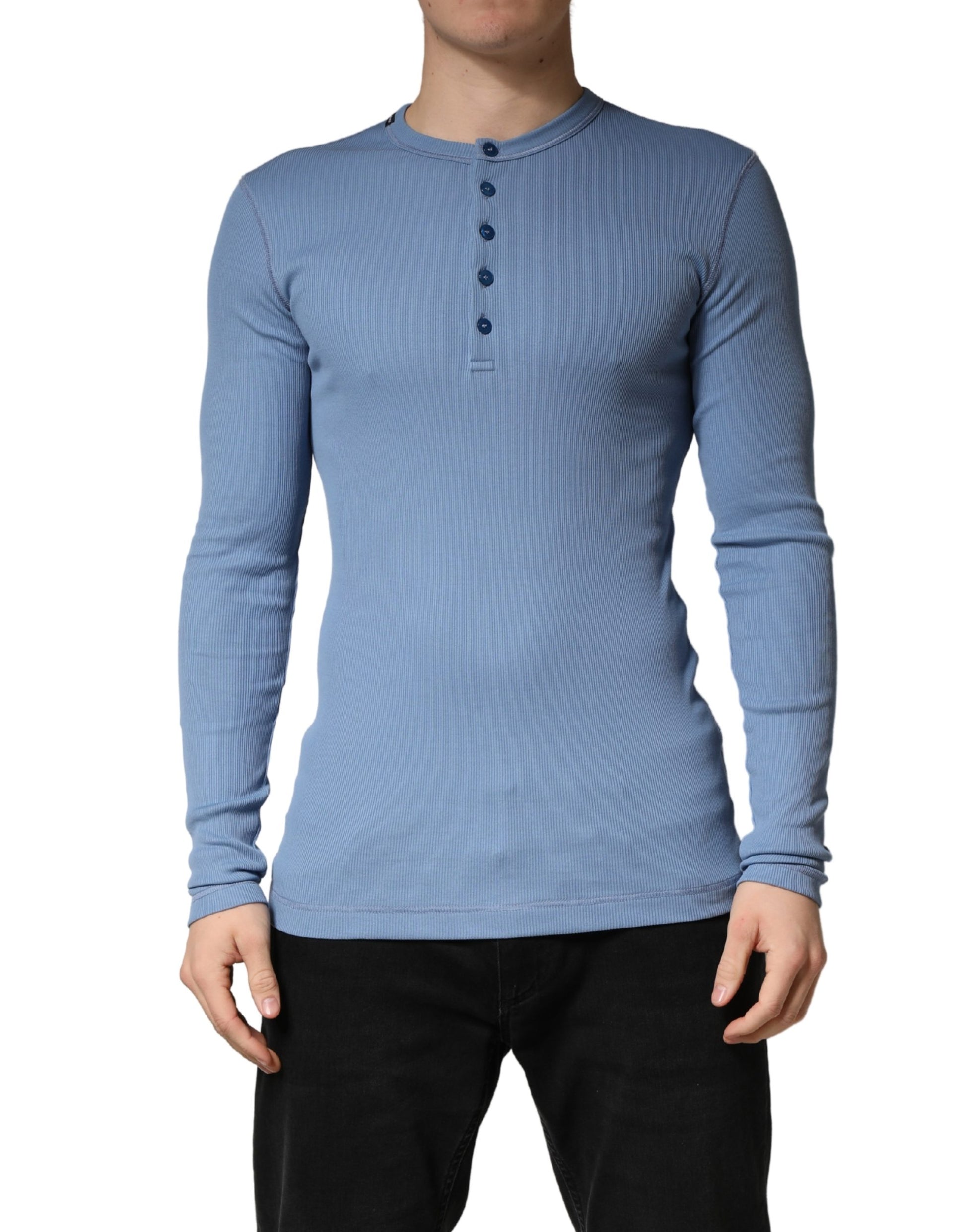 Blue Cotton Buttoned Henley Pullover Sweater