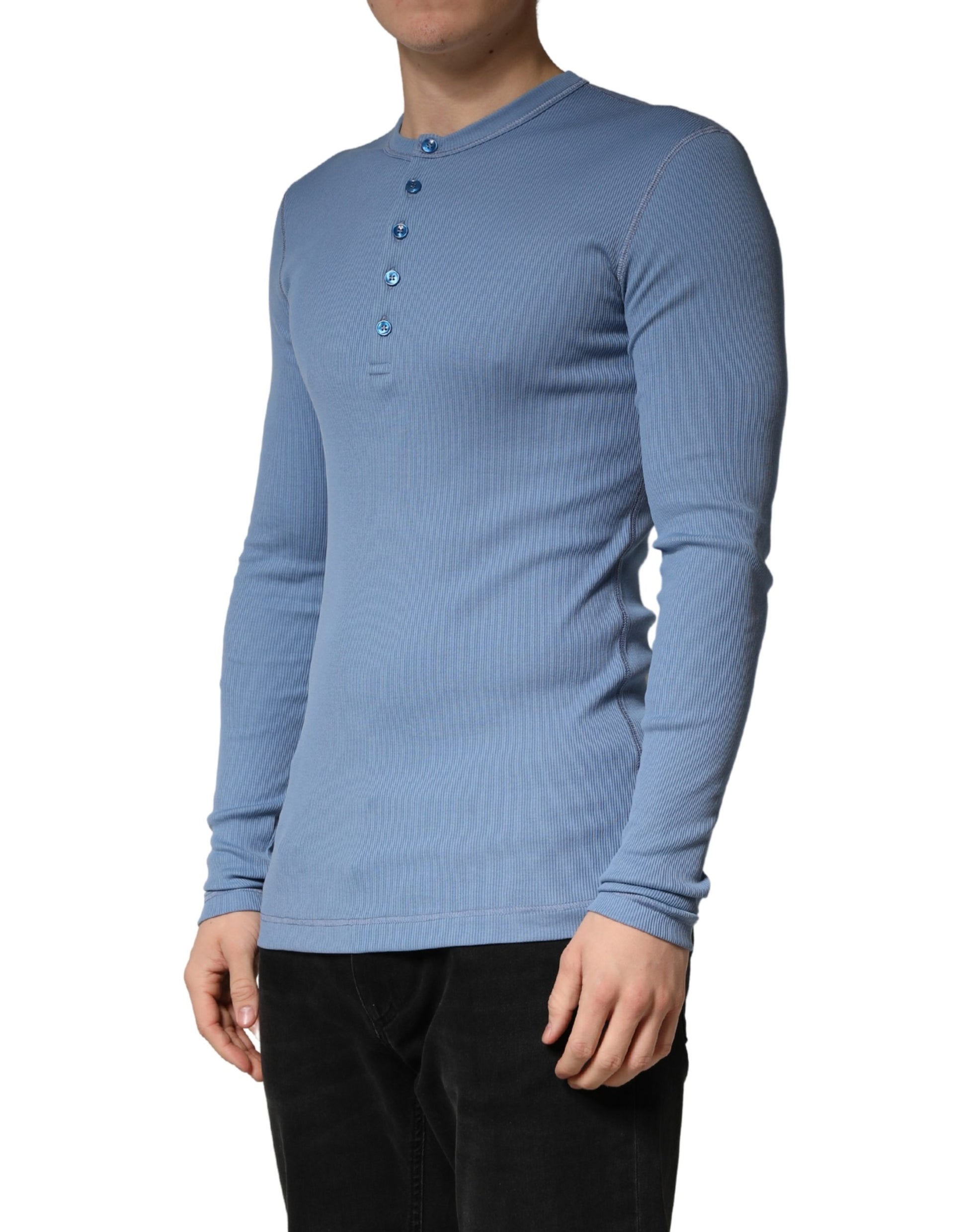 Blue Cotton Buttoned Henley Pullover Sweater