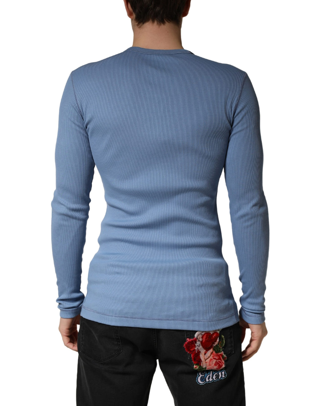 Blue Cotton Buttoned Henley Pullover Sweater