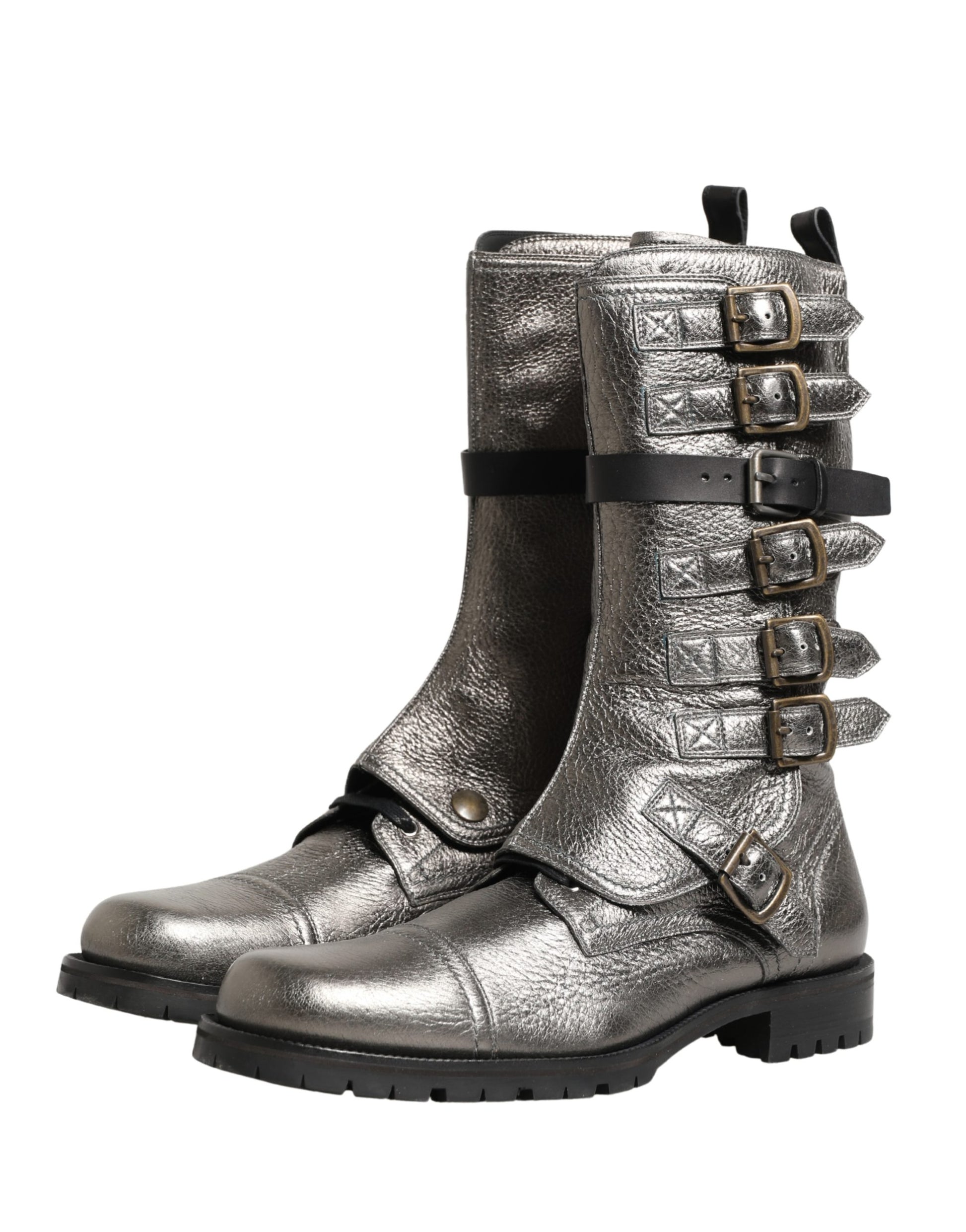 Metallic Silver Combat Biker Mid Calf Boots Shoes