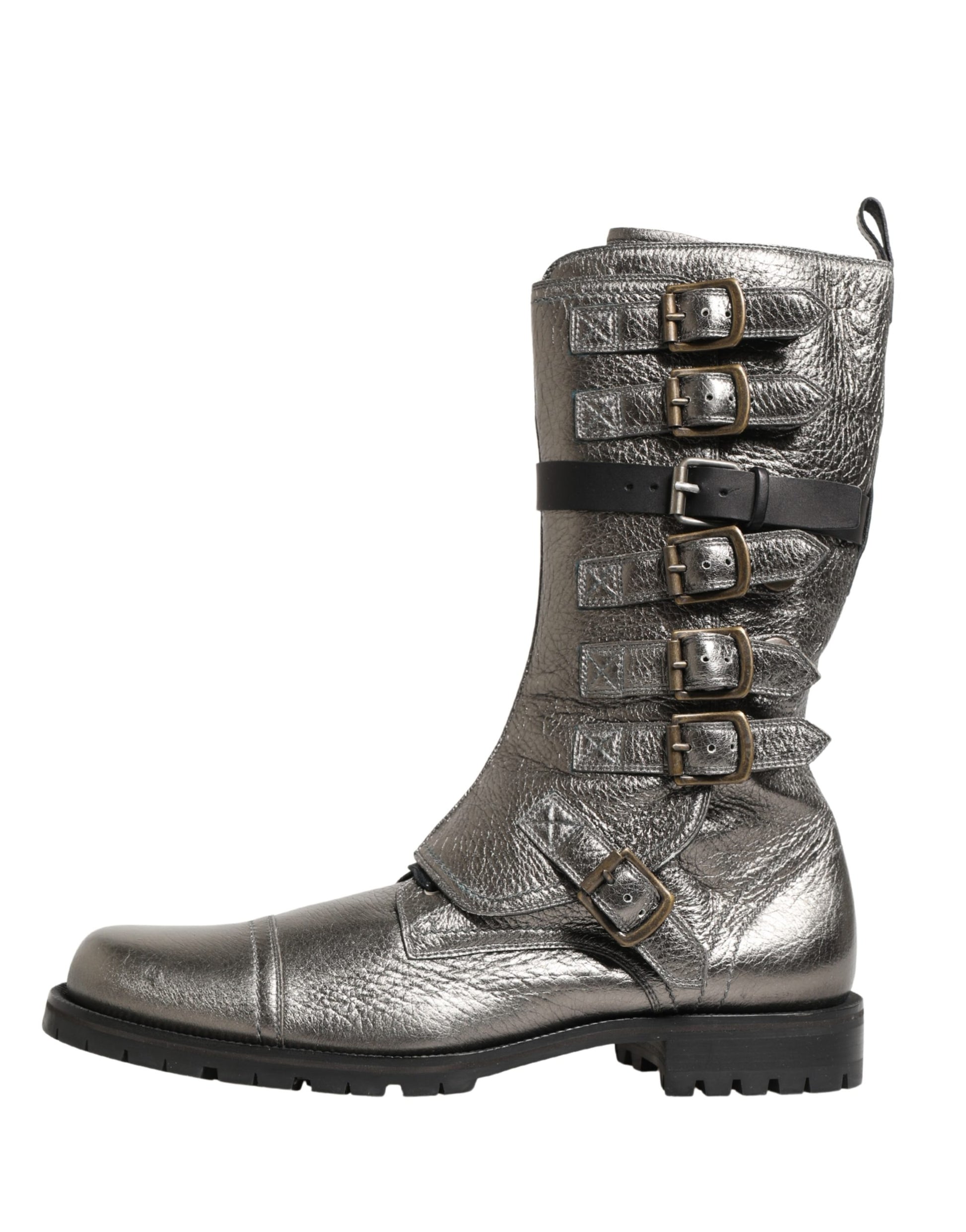Metallic Silver Combat Biker Mid Calf Boots Shoes