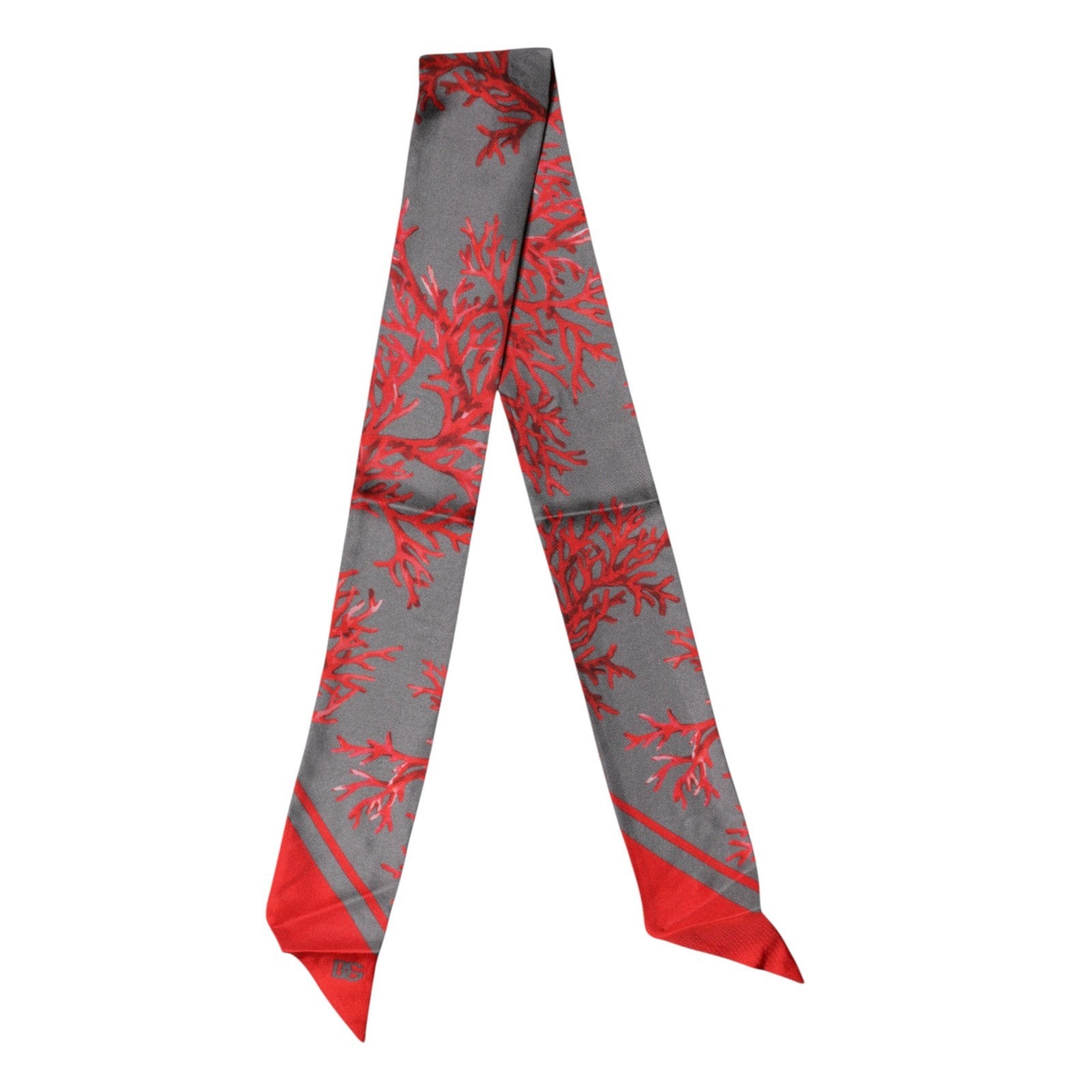 Red Gray Coral Print Neck Wrap Foulard 6cm x 98cm Scarf