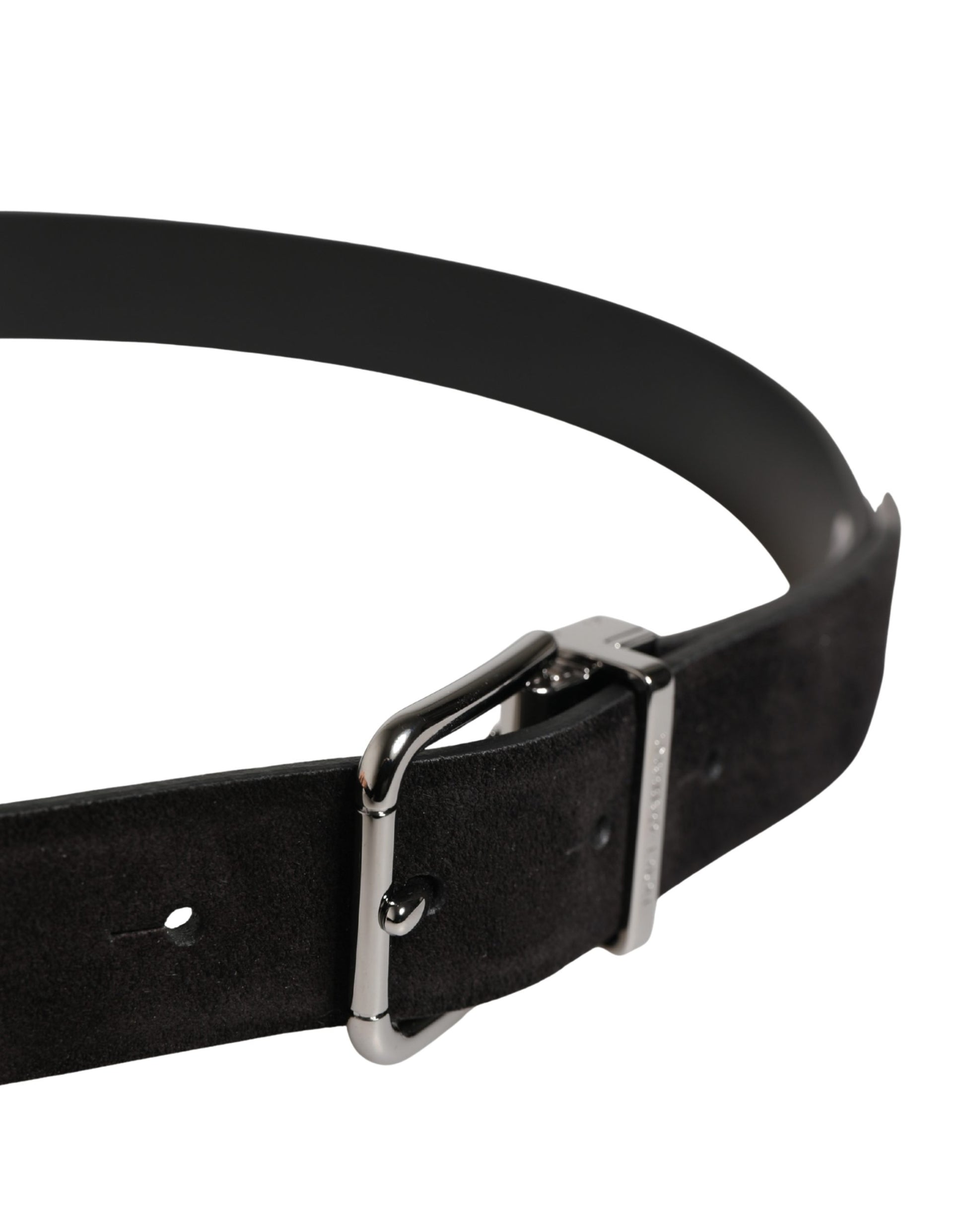 Black Calfskin Leather Silver Metal Buckle Belt