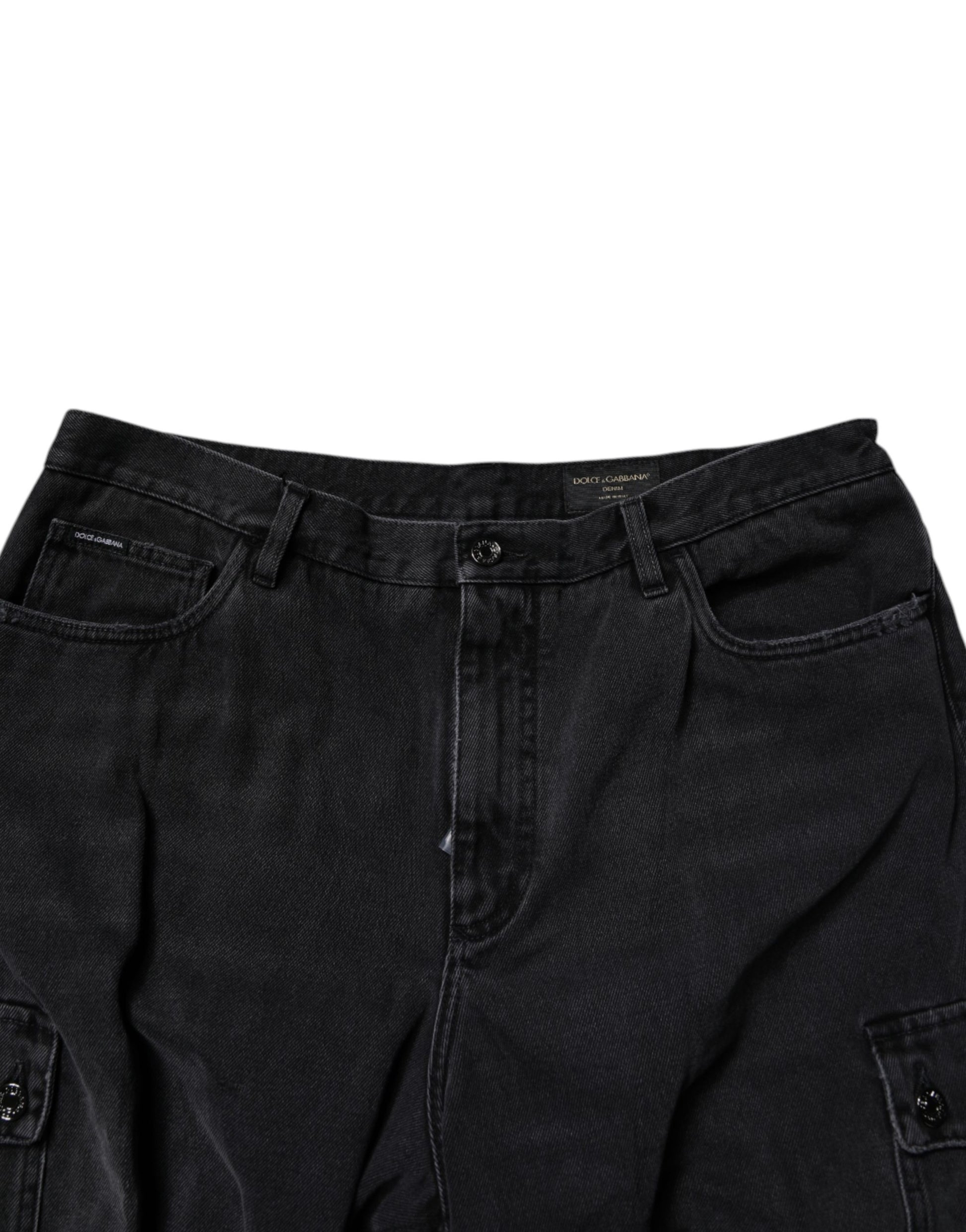 Black Mid Waist Denim Cargo Bermuda  Shorts