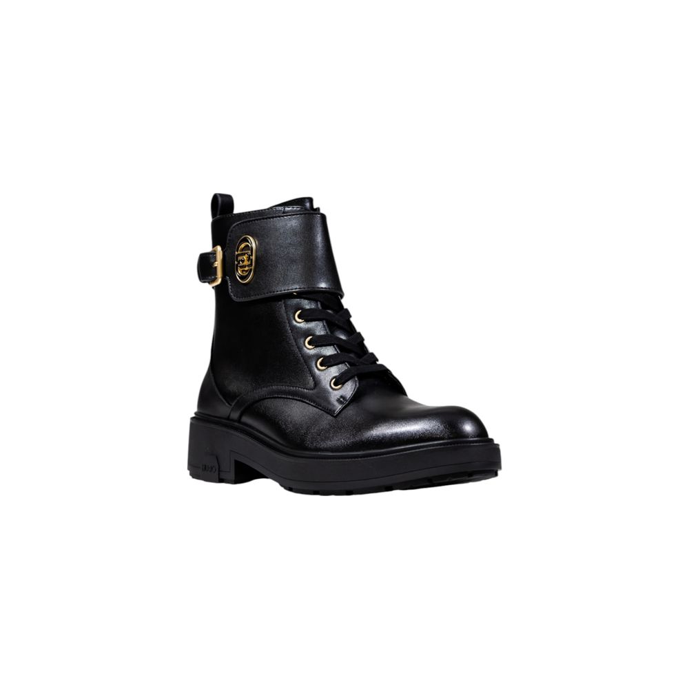 Black Artificial Leather Lace-Up Boots