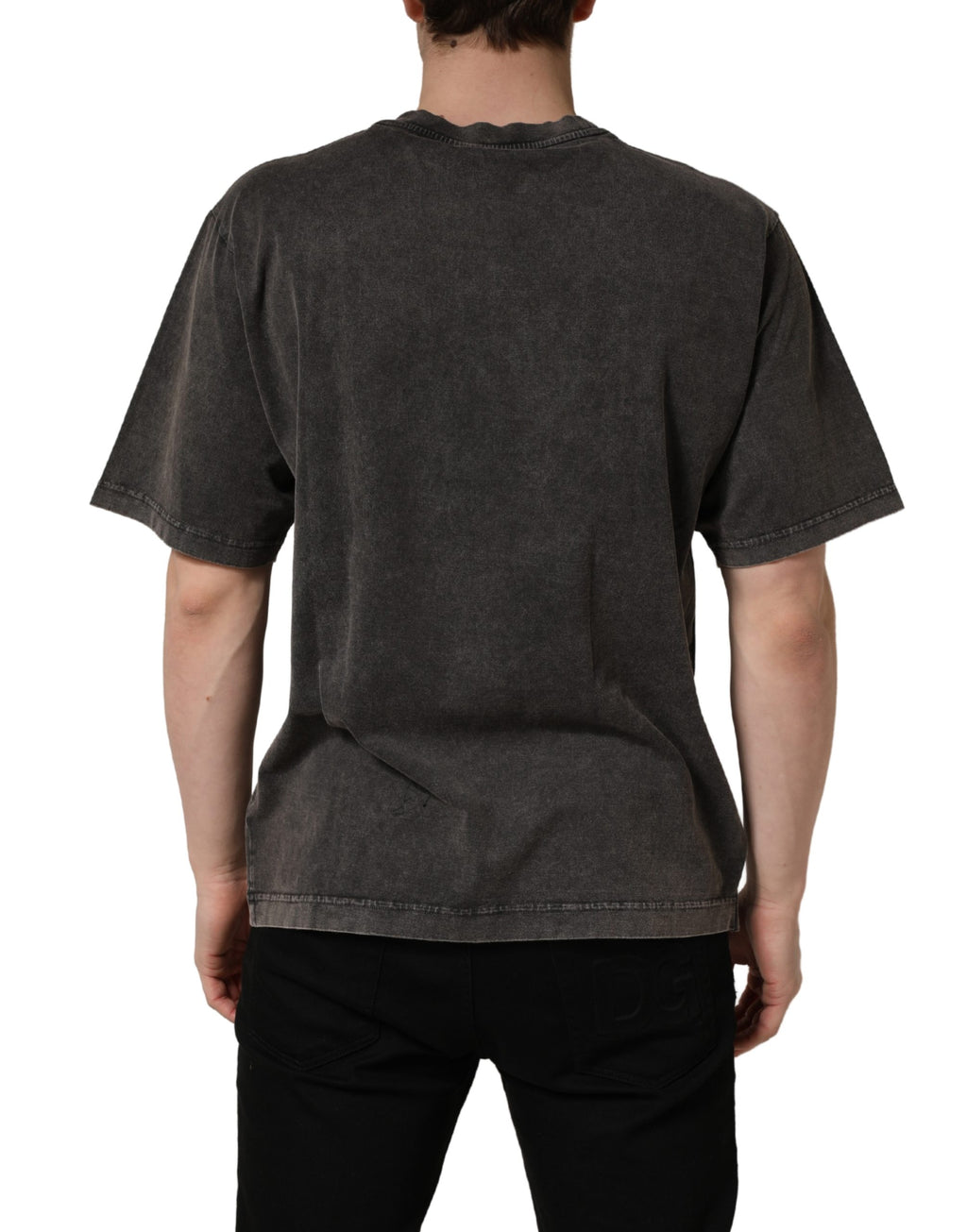Gray Logo Embellished Men Crew Neck T-shirt