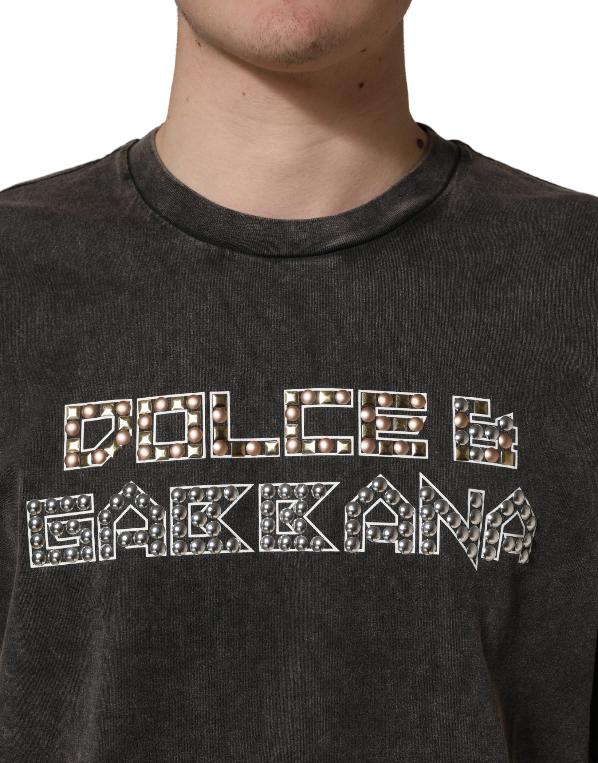 Gray Logo Embellished Men Crew Neck T-shirt