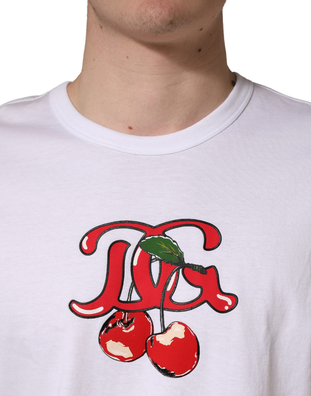 White DG Cherries Cotton Crew Neck  T-shirt