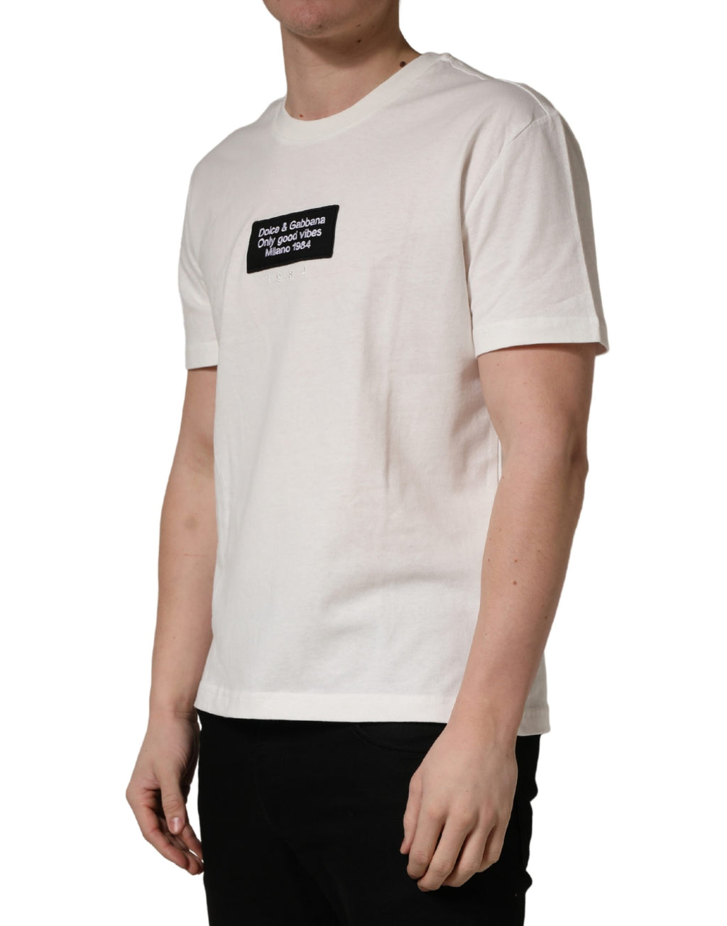 White Logo Patch Cotton Men Crew Neck  T-shirt