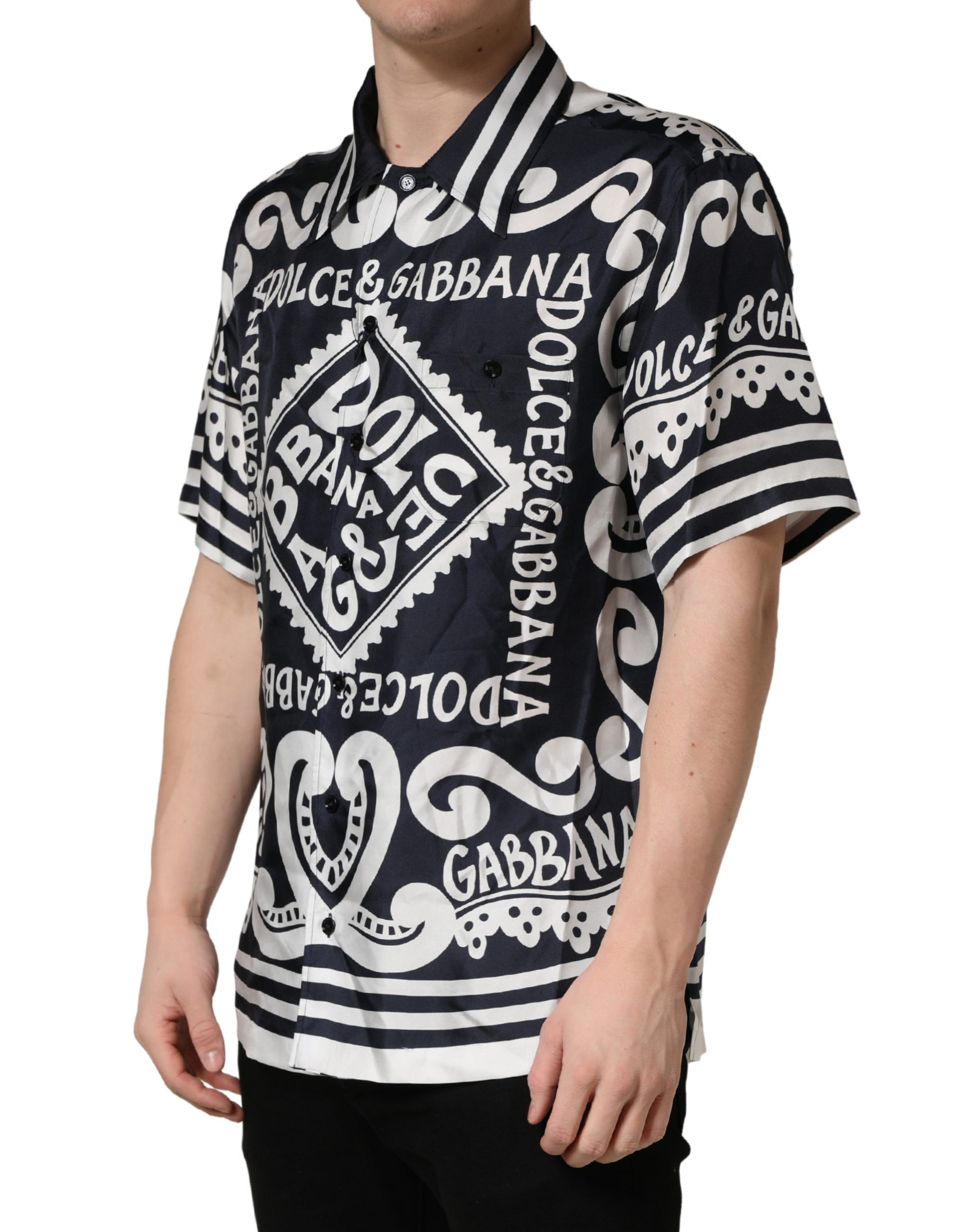 Black White Marina Print Silk Hawaii Shirt