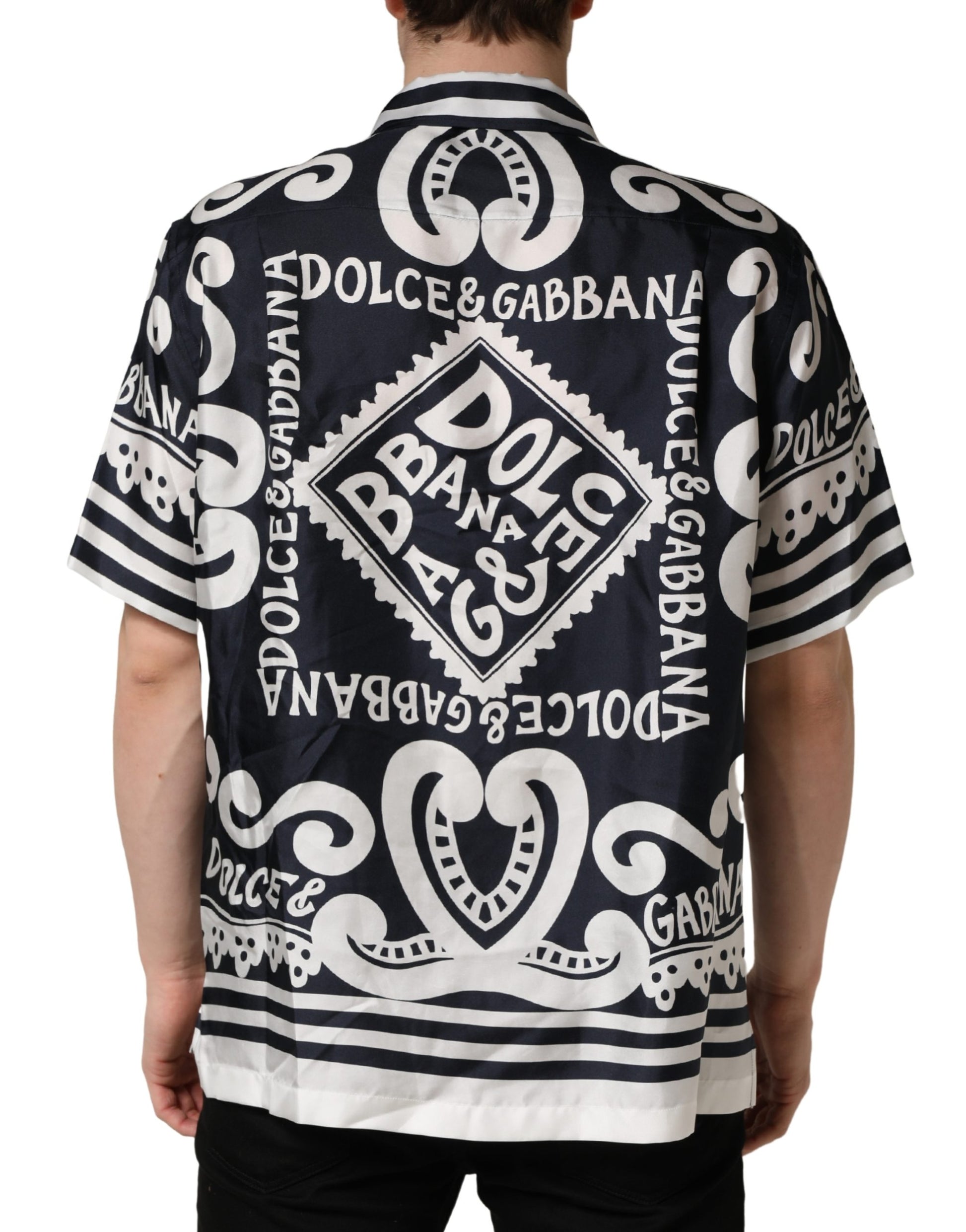 Black White Marina Print Silk Hawaii Shirt