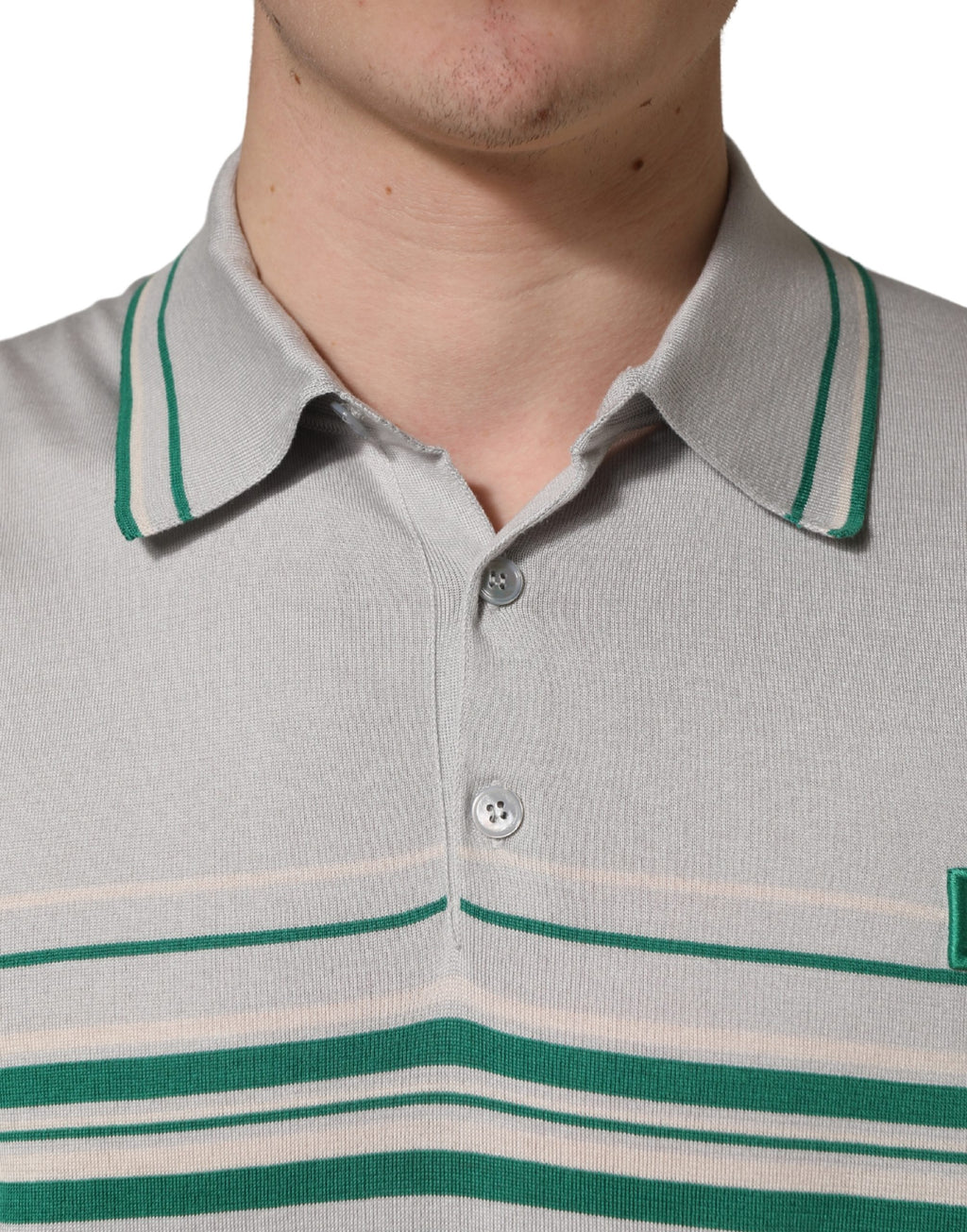 Gray Green Striped Logo Silk Polo T-shirt