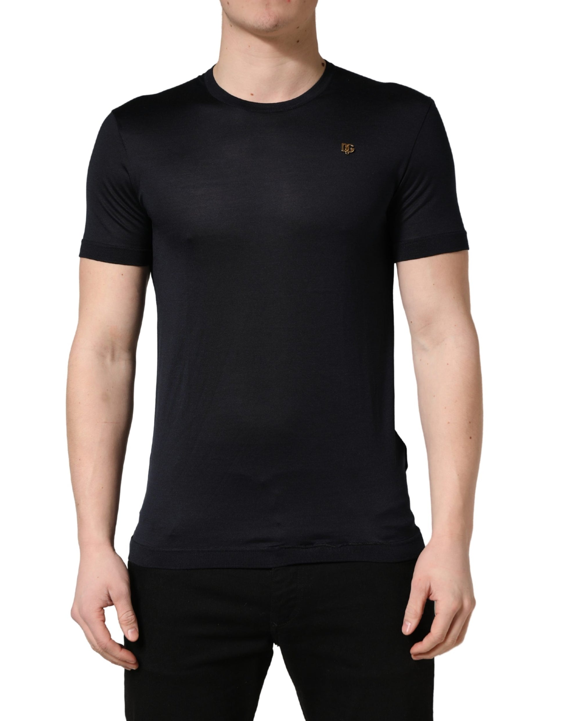 Dark Blue DG Logo Silk Men Crew Neck T-shirt