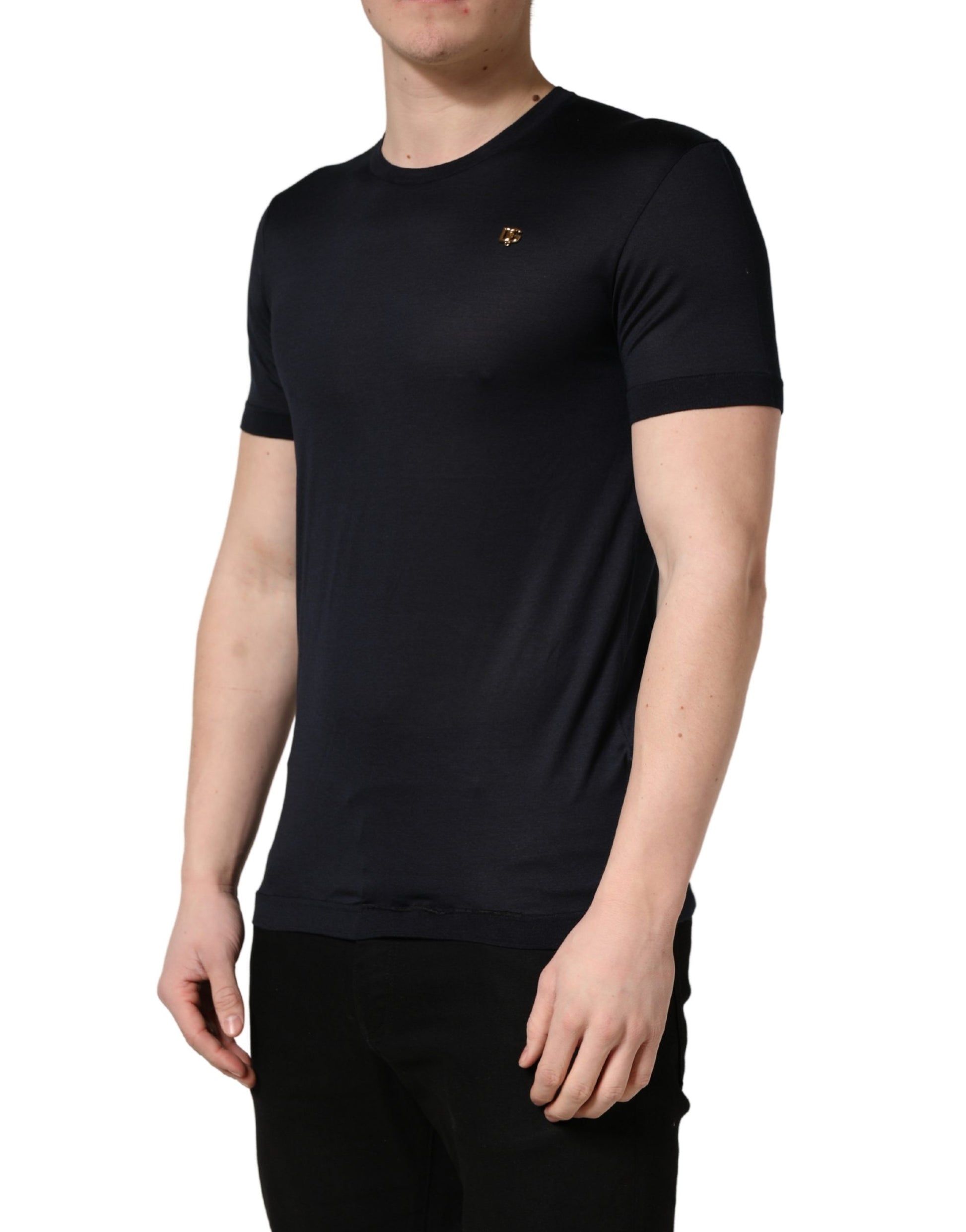 Dark Blue DG Logo Silk Men Crew Neck T-shirt