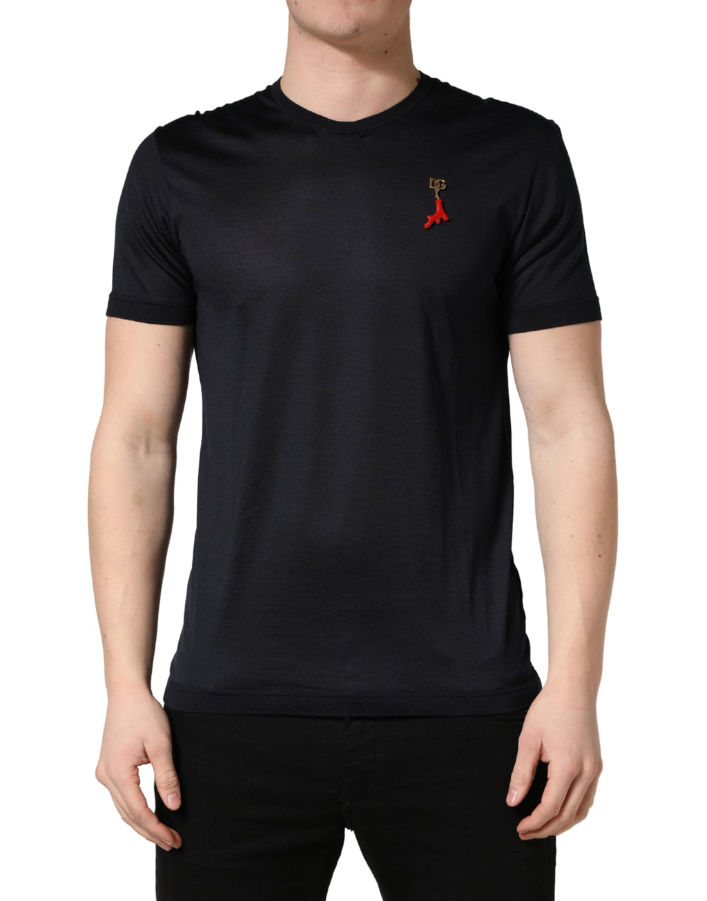 Dark Blue DG Logo Silk Men Crew Neck T-shirt