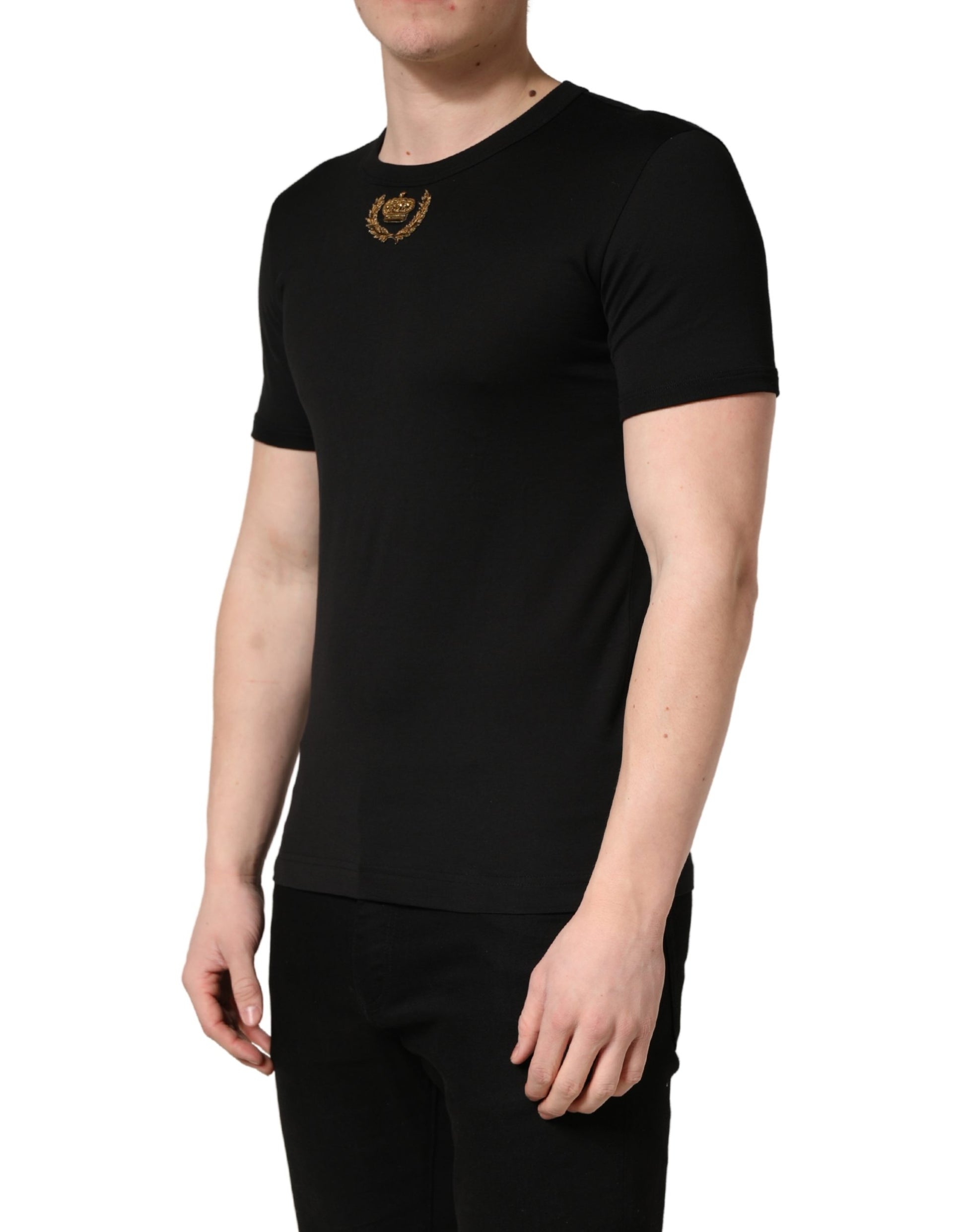 Black Crown Embroidery Men Crew Neck  T-shirt