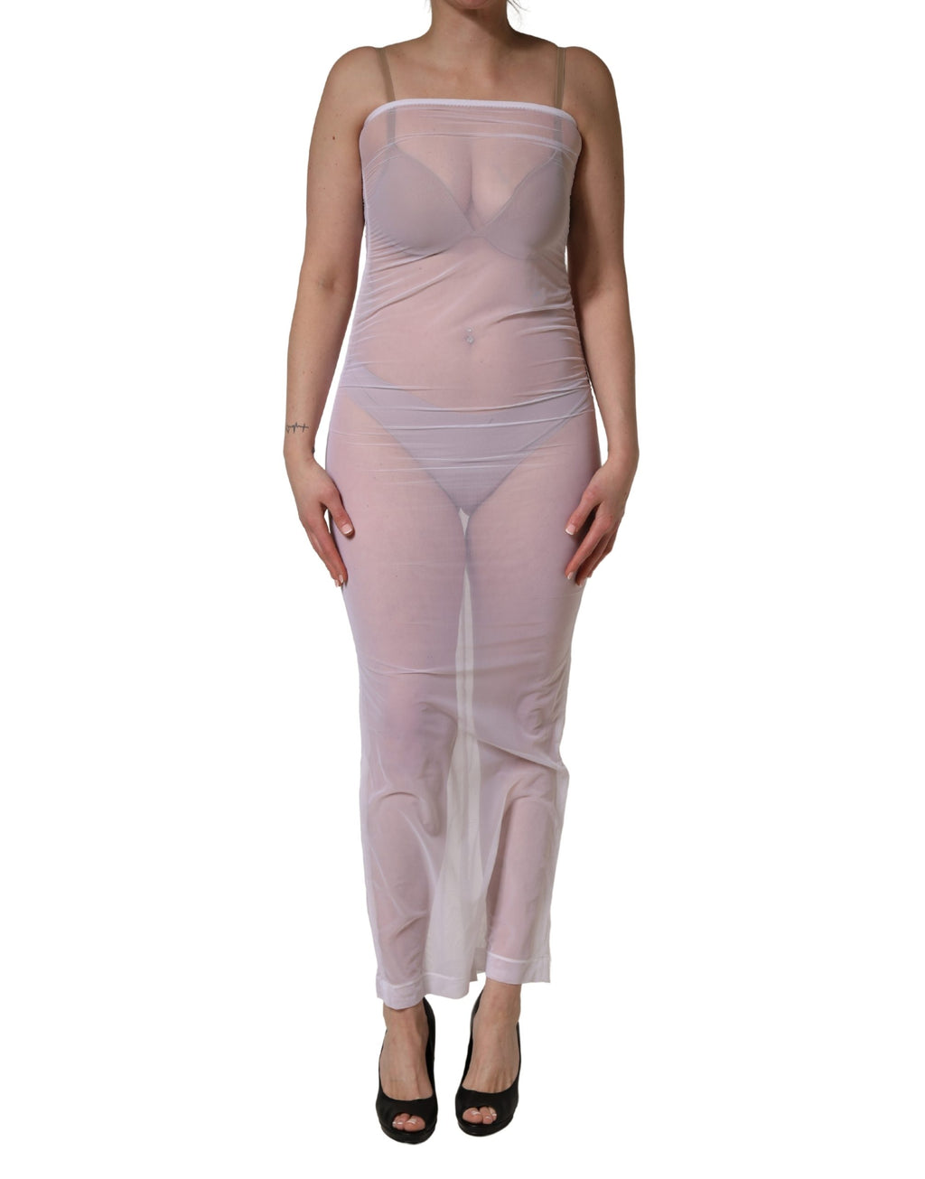 White Sheer Nylon Stretch Sheath Maxi Dress