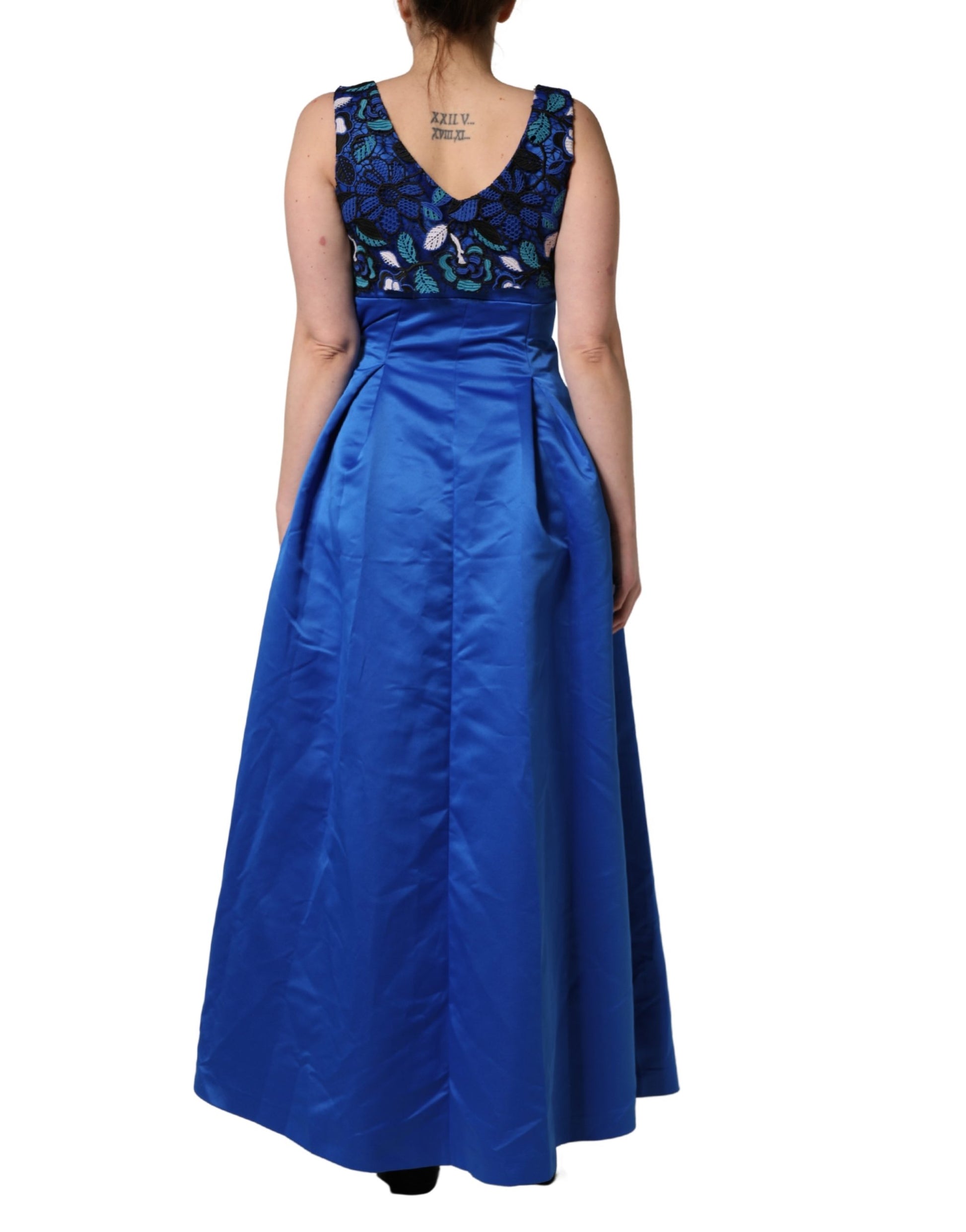 Royal Blue Floral Lace Sleeveless Long Gown Dress