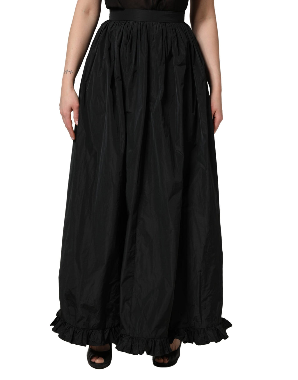 Black High Waist Pleated A-line Long Maxi Women Skirt