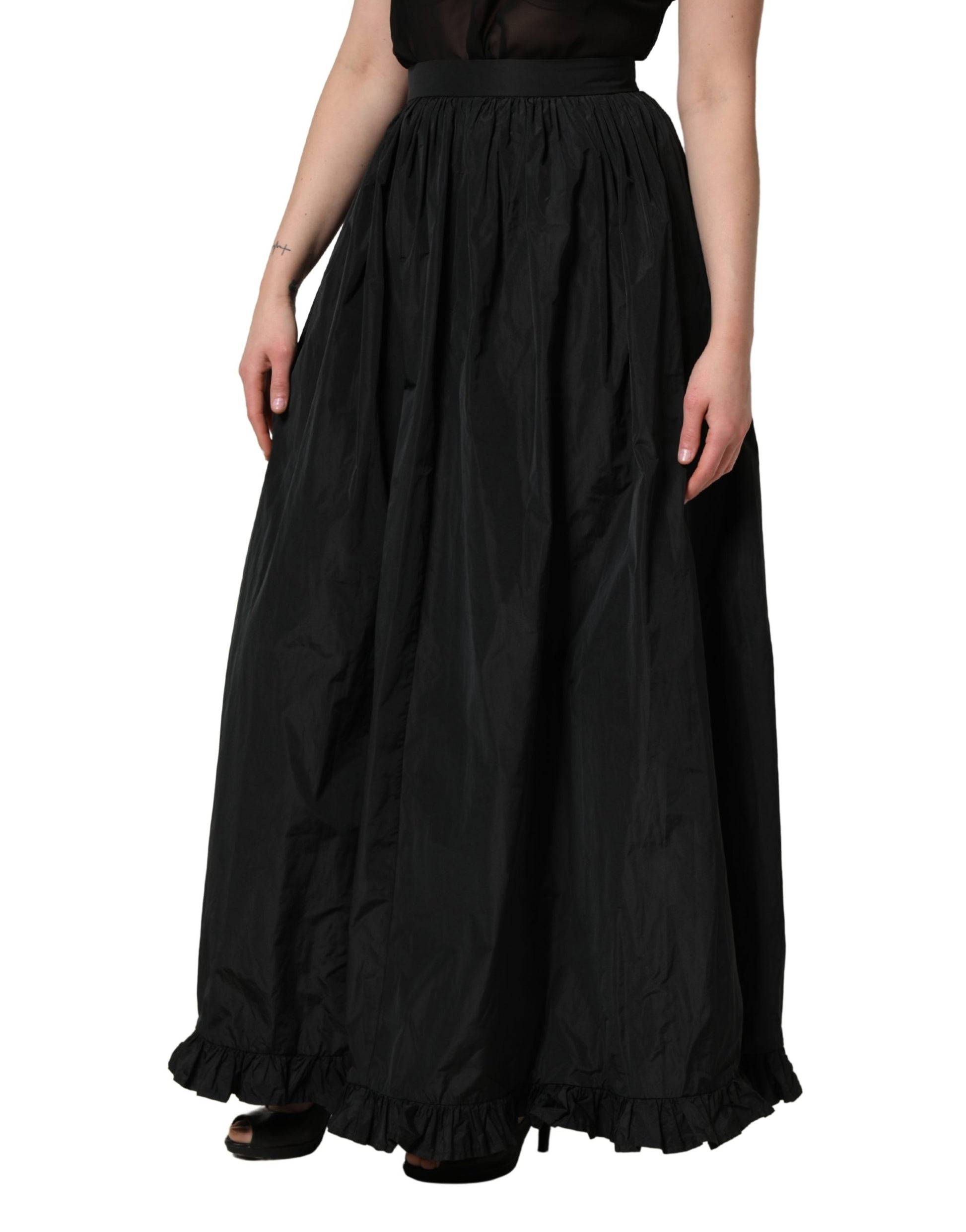 Black High Waist Pleated A-line Long Maxi Women Skirt