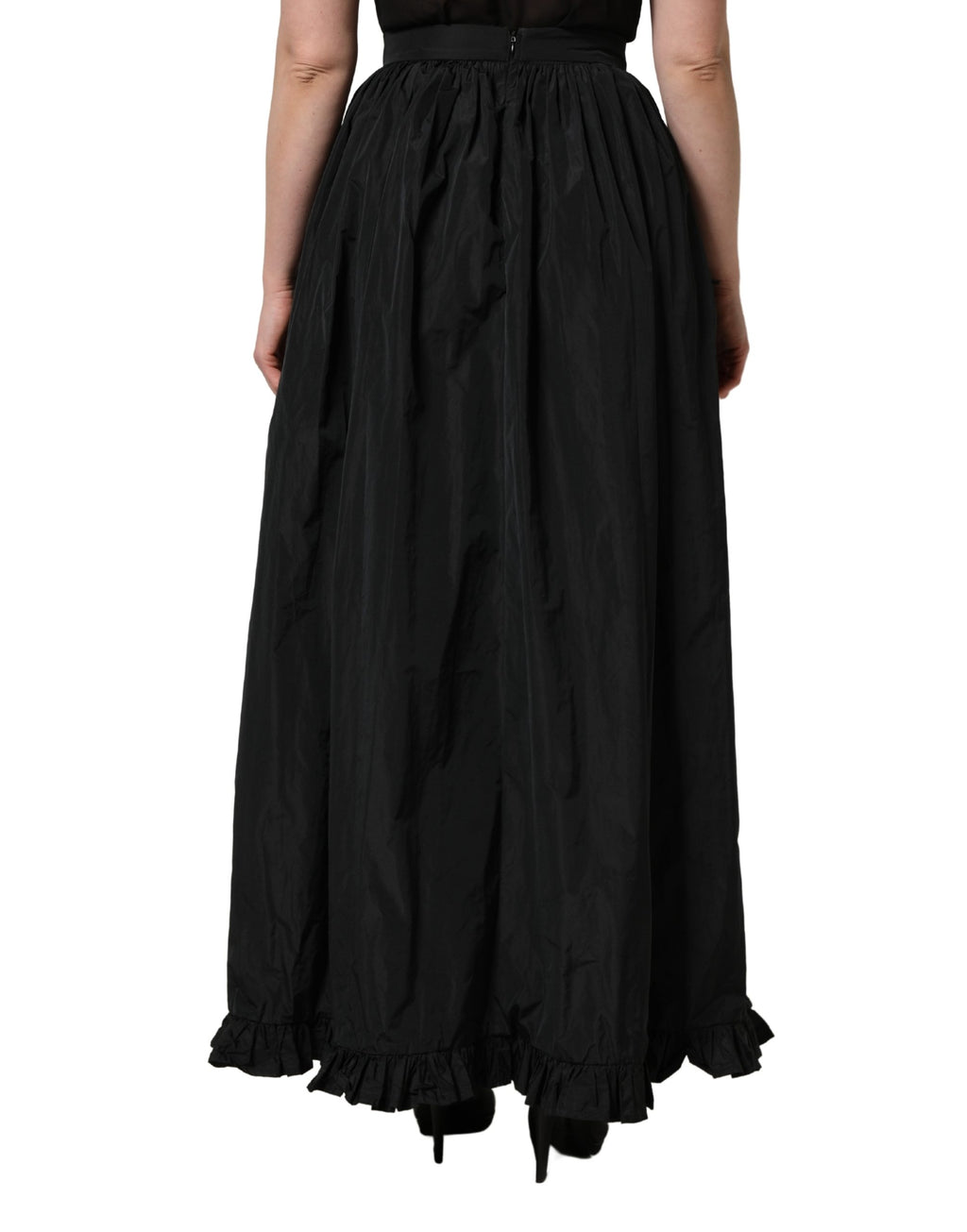 Black High Waist Pleated A-line Long Maxi Women Skirt
