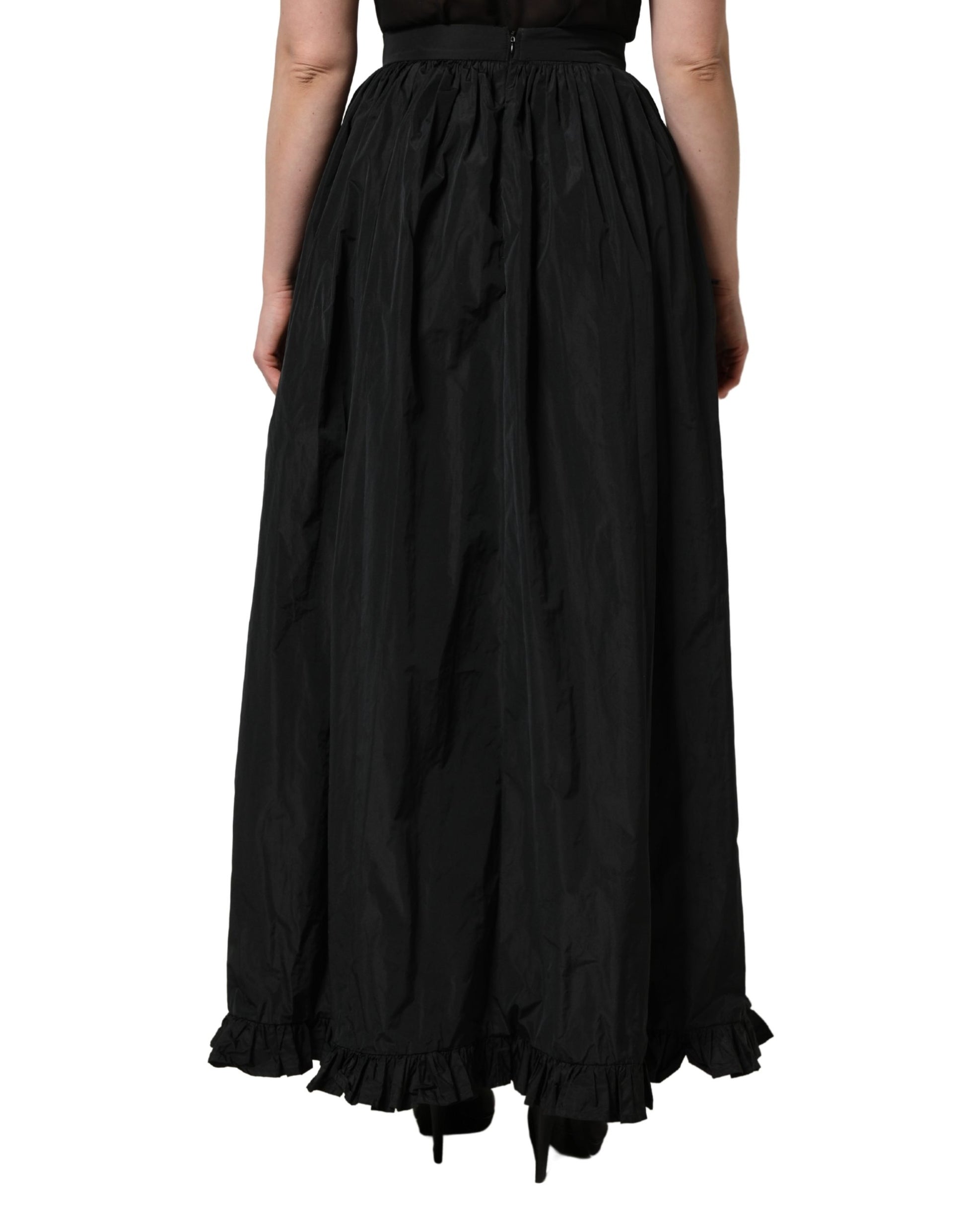 Black High Waist Pleated A-line Long Maxi Women Skirt