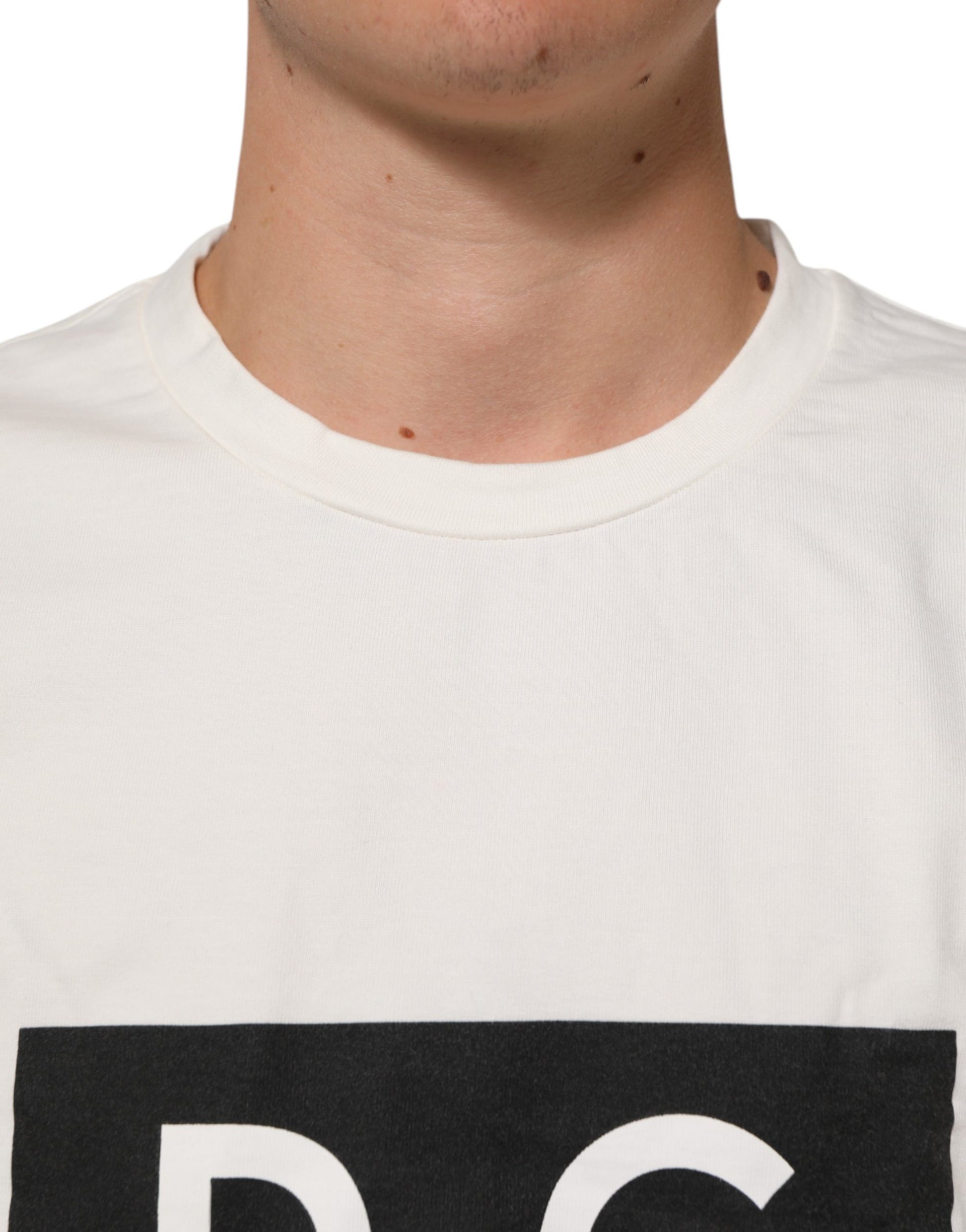 White Cotton Logo Print Men Crewneck T-shirt