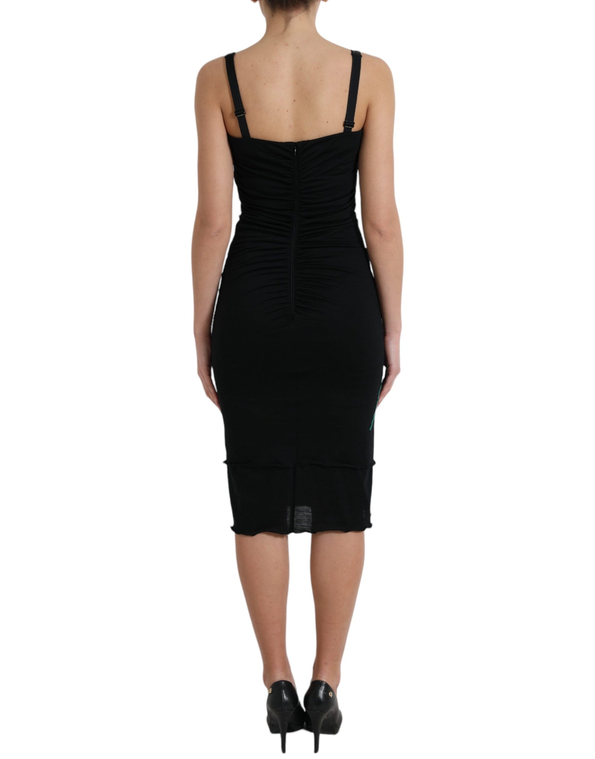 Black Wool Sleeveless Rose Applique Dress