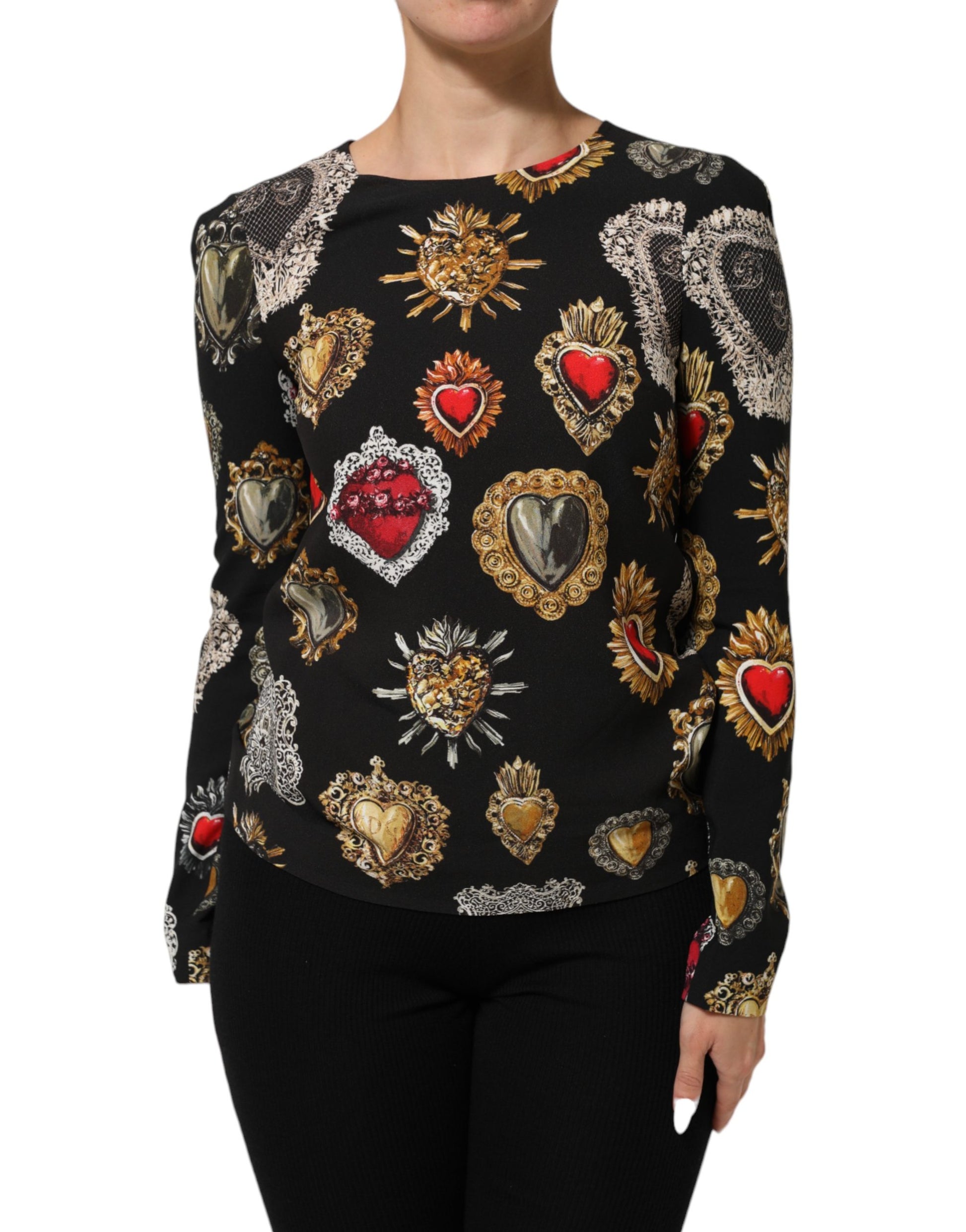 Black Sacred Heart Print LongSleeve Blouse Top