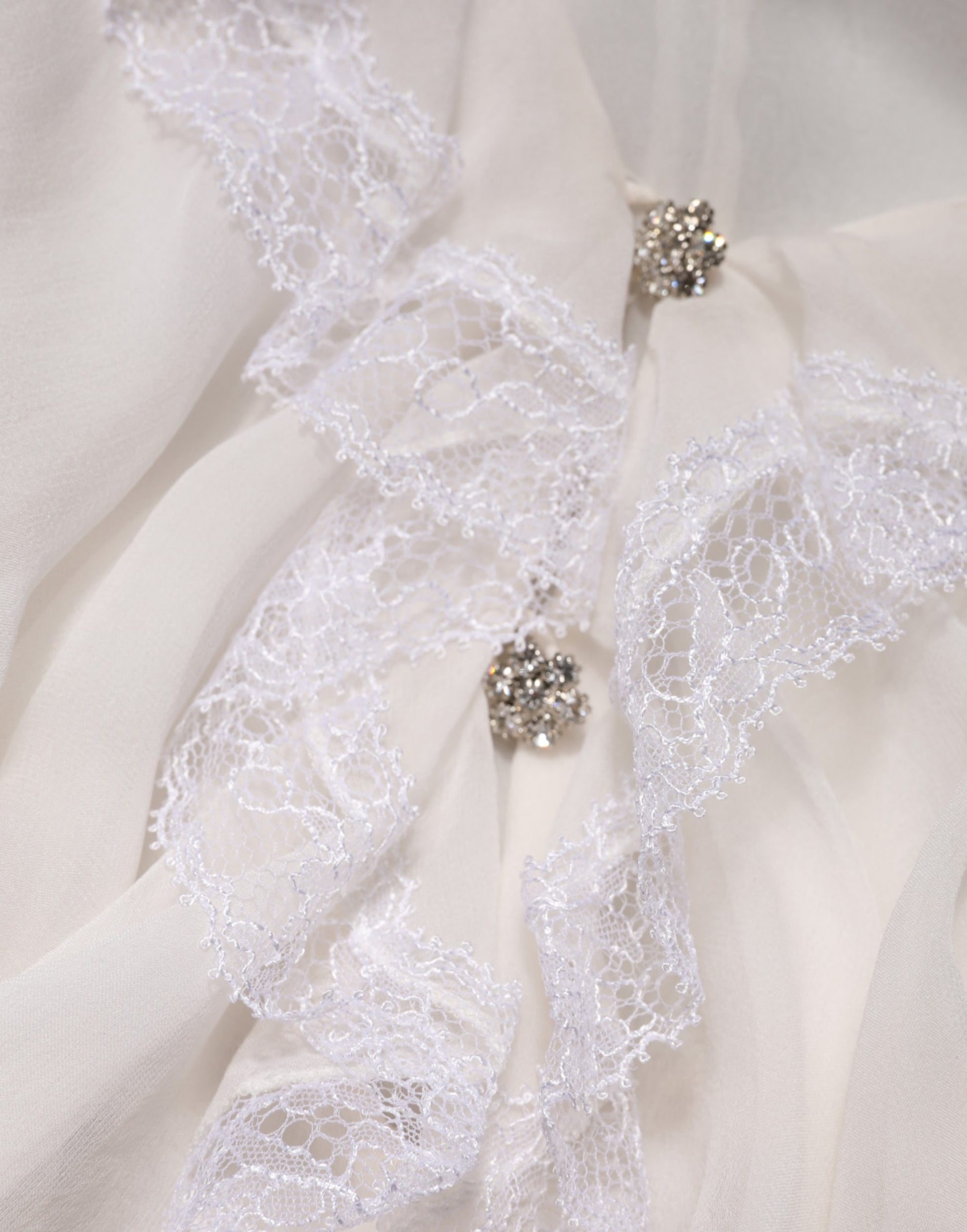 White LongSleeve Lace Trim Ruffled Blouse Top