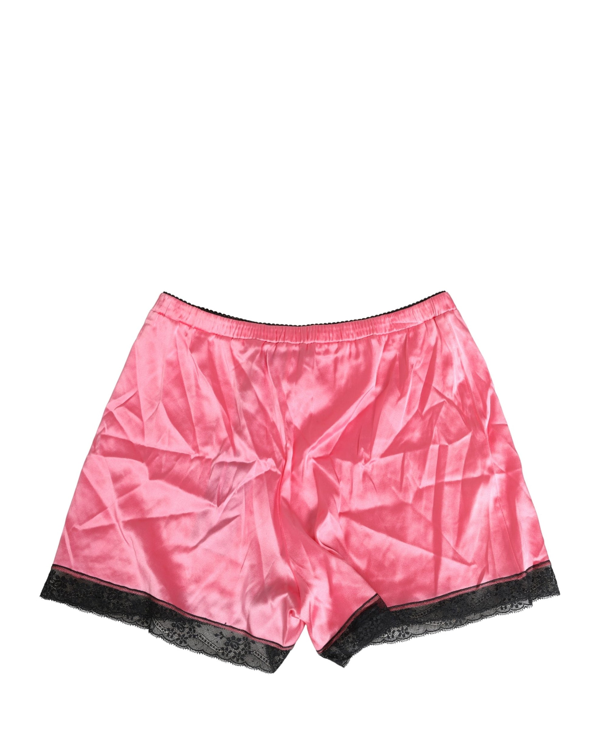 Pink Silk Satin Lace Trim Pajama Shorts Sleepwear