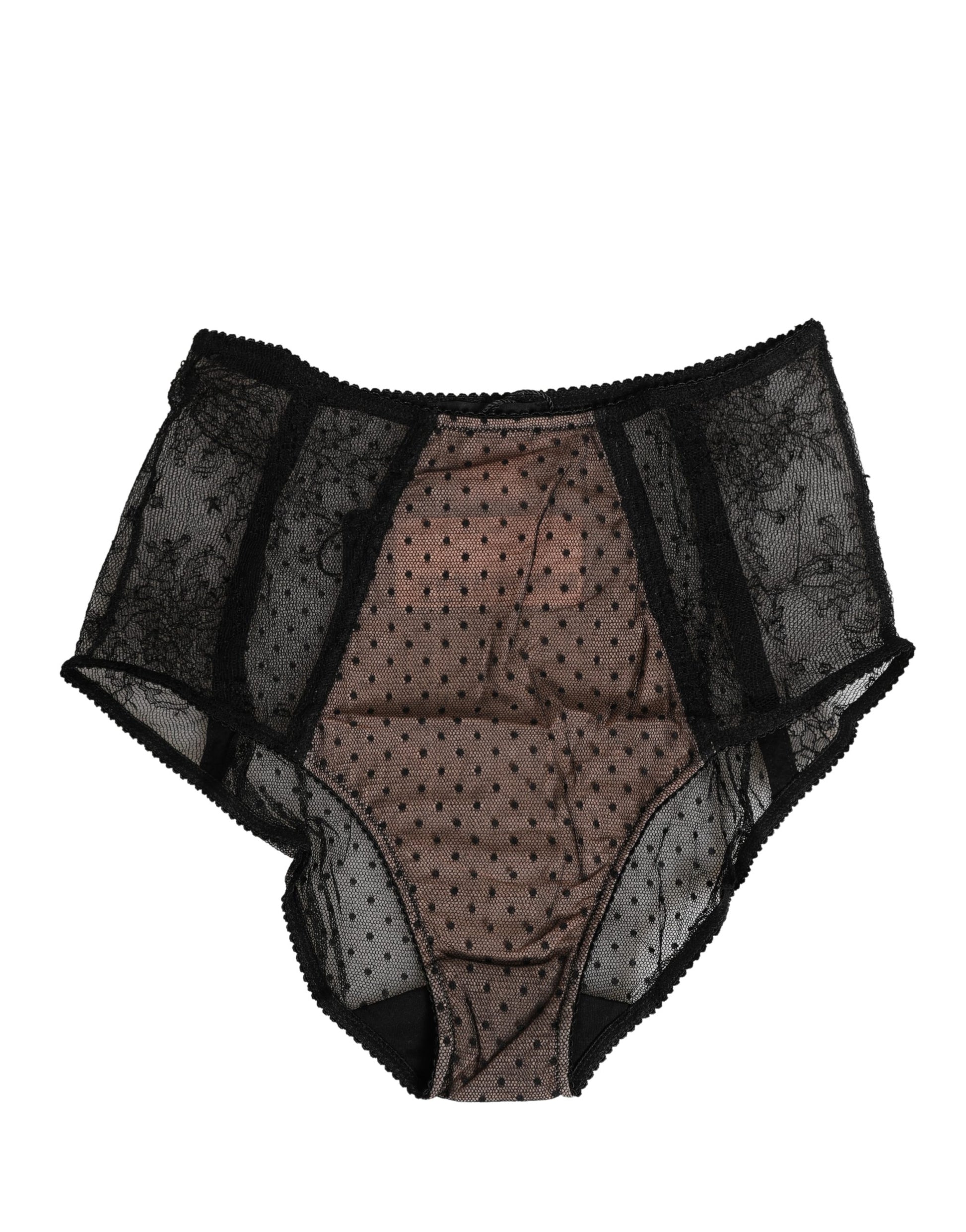 Black Sheer Polka Dot Lace High Waist Brief Underwear
