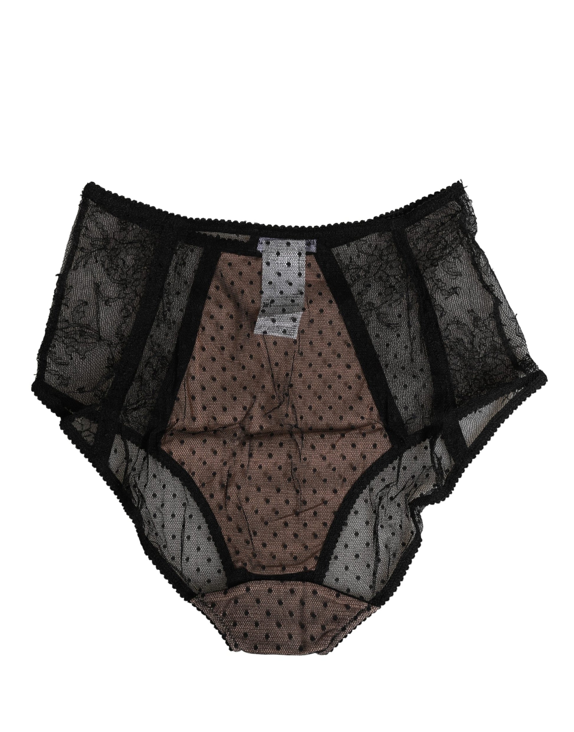 Black Sheer Polka Dot Lace High Waist Brief Underwear