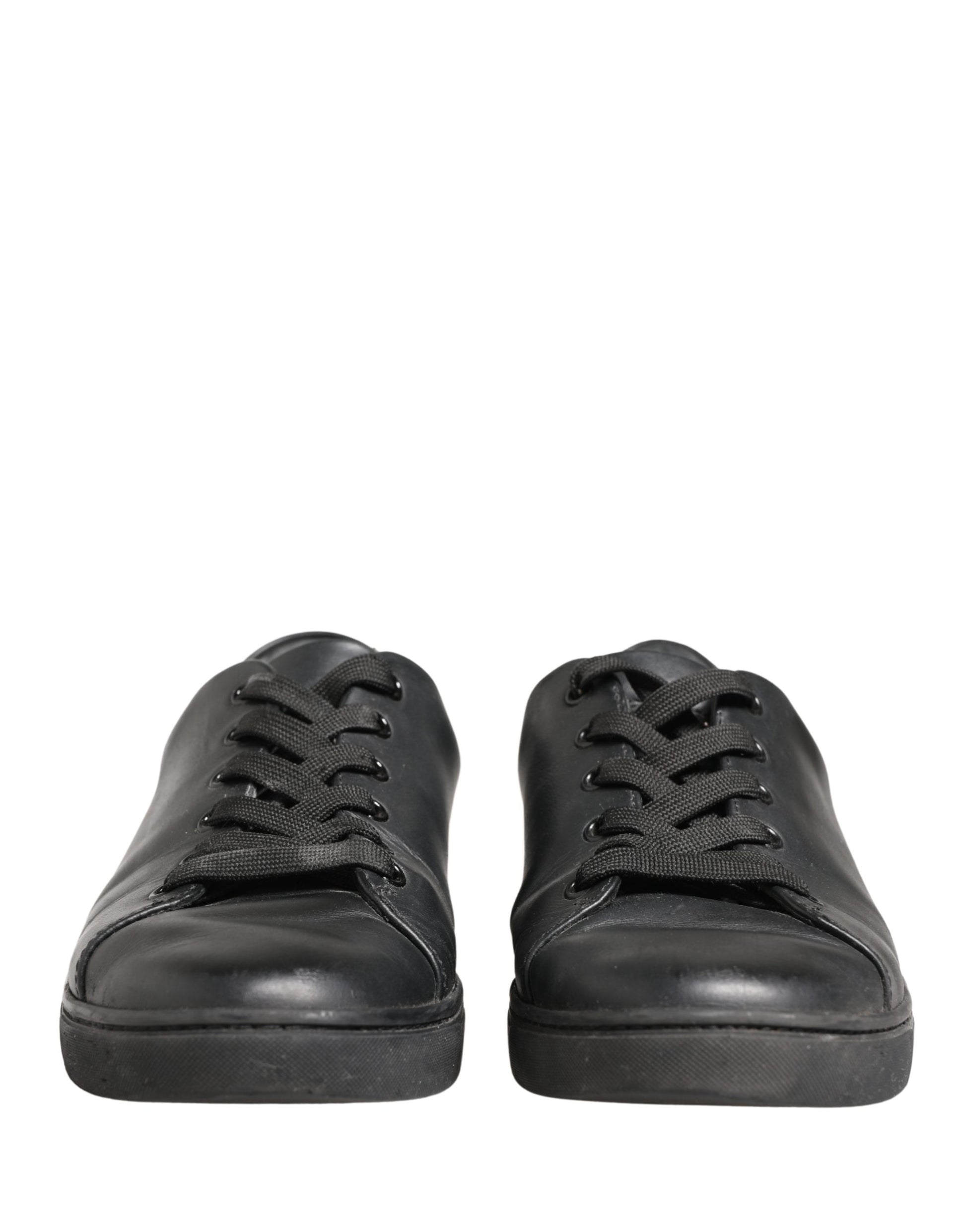 Black Leather Low Top Lace Up Sneakers Shoes