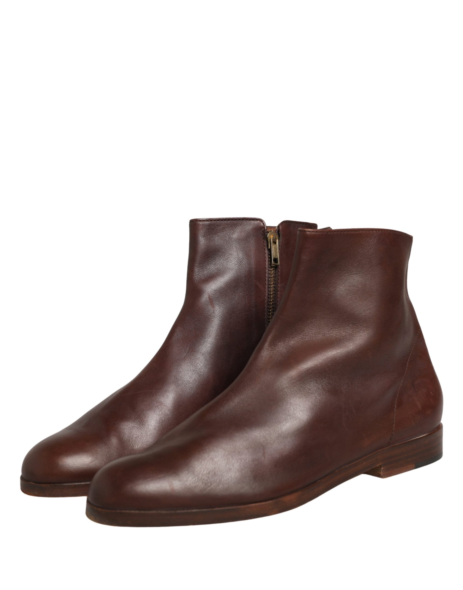 Brown Leather Flats Biker Ankle Boots Shoes