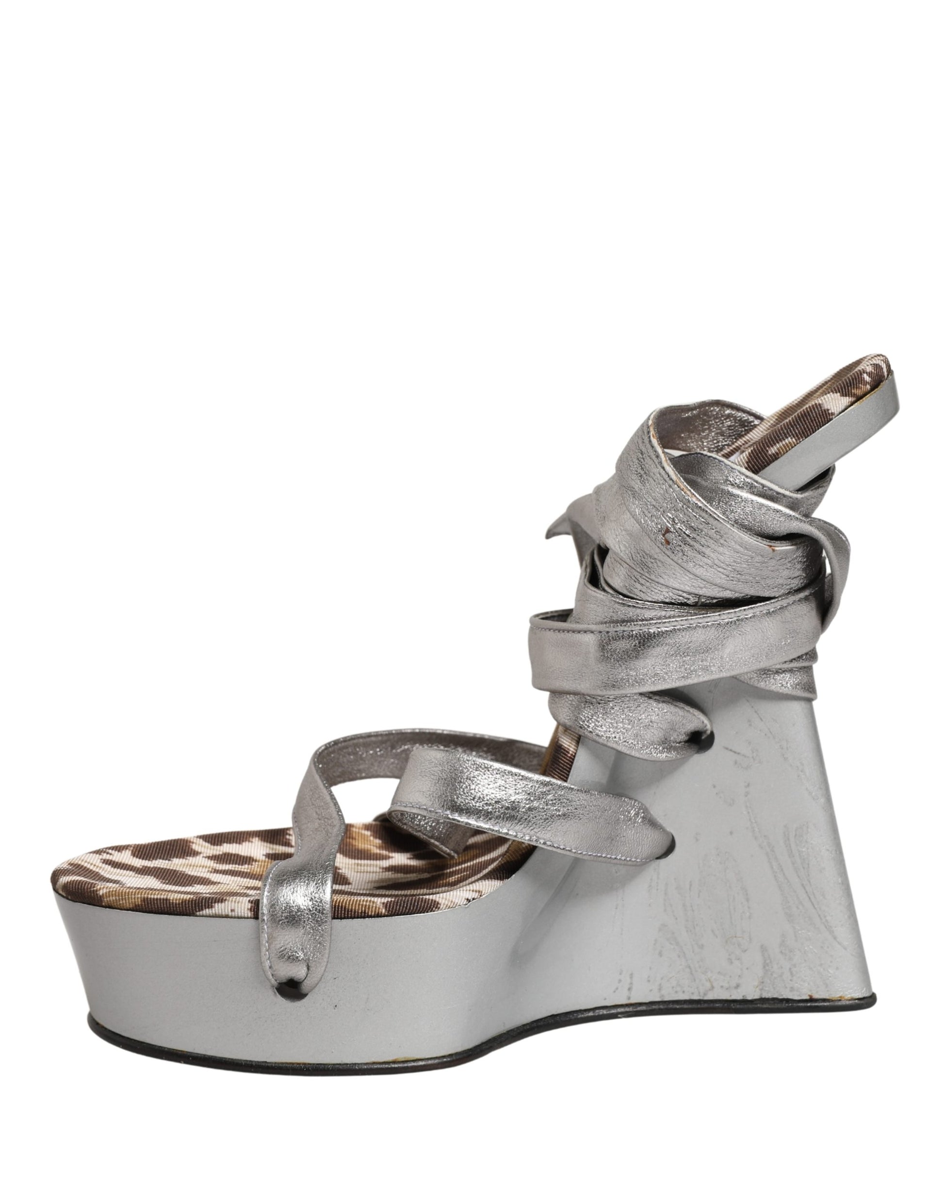 Silver Leather Platform Wedge Sandals Shoes