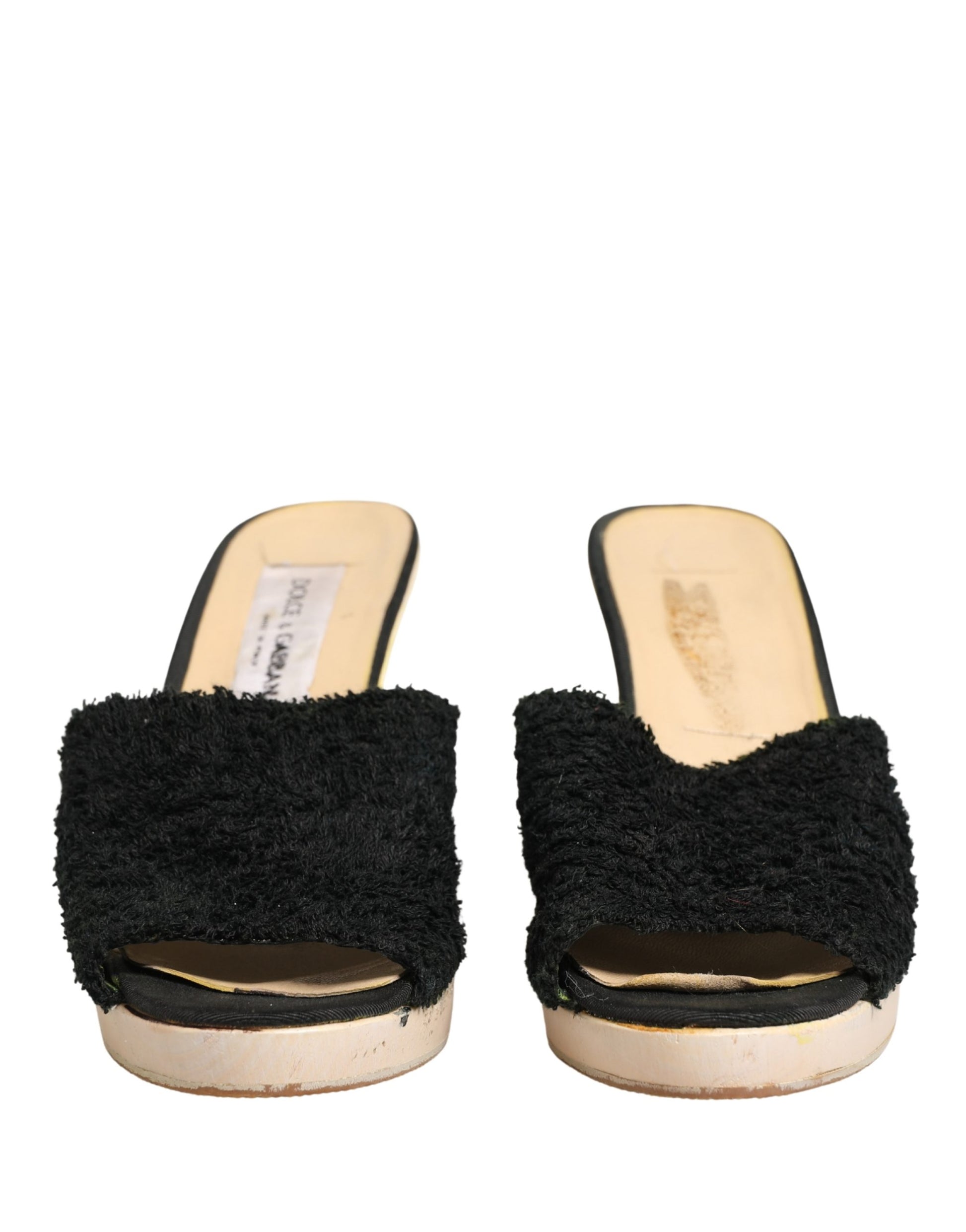 Black Fabric Fur Mule Wood Platform Heel Shoes
