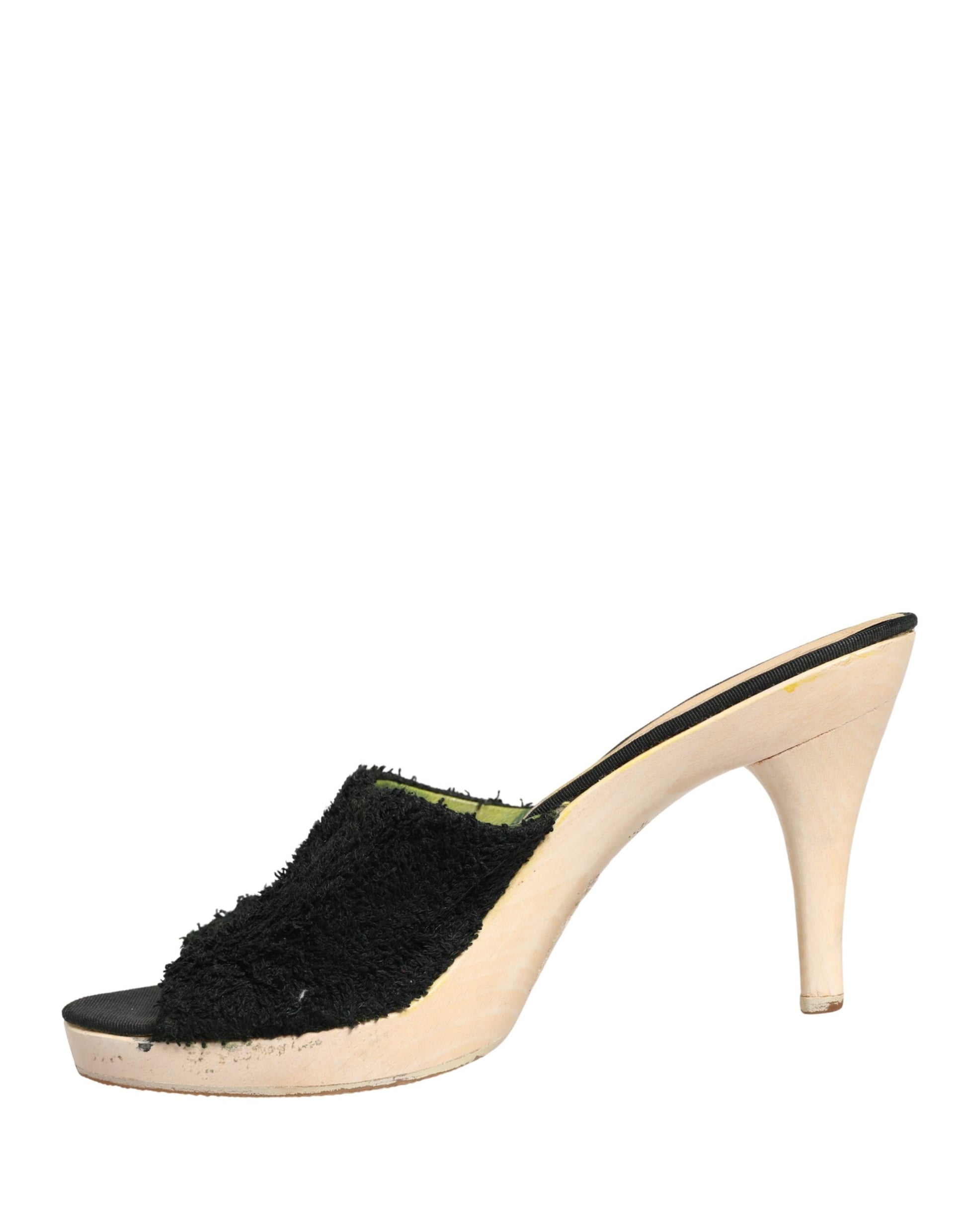 Black Fabric Fur Mule Wood Platform Heel Shoes