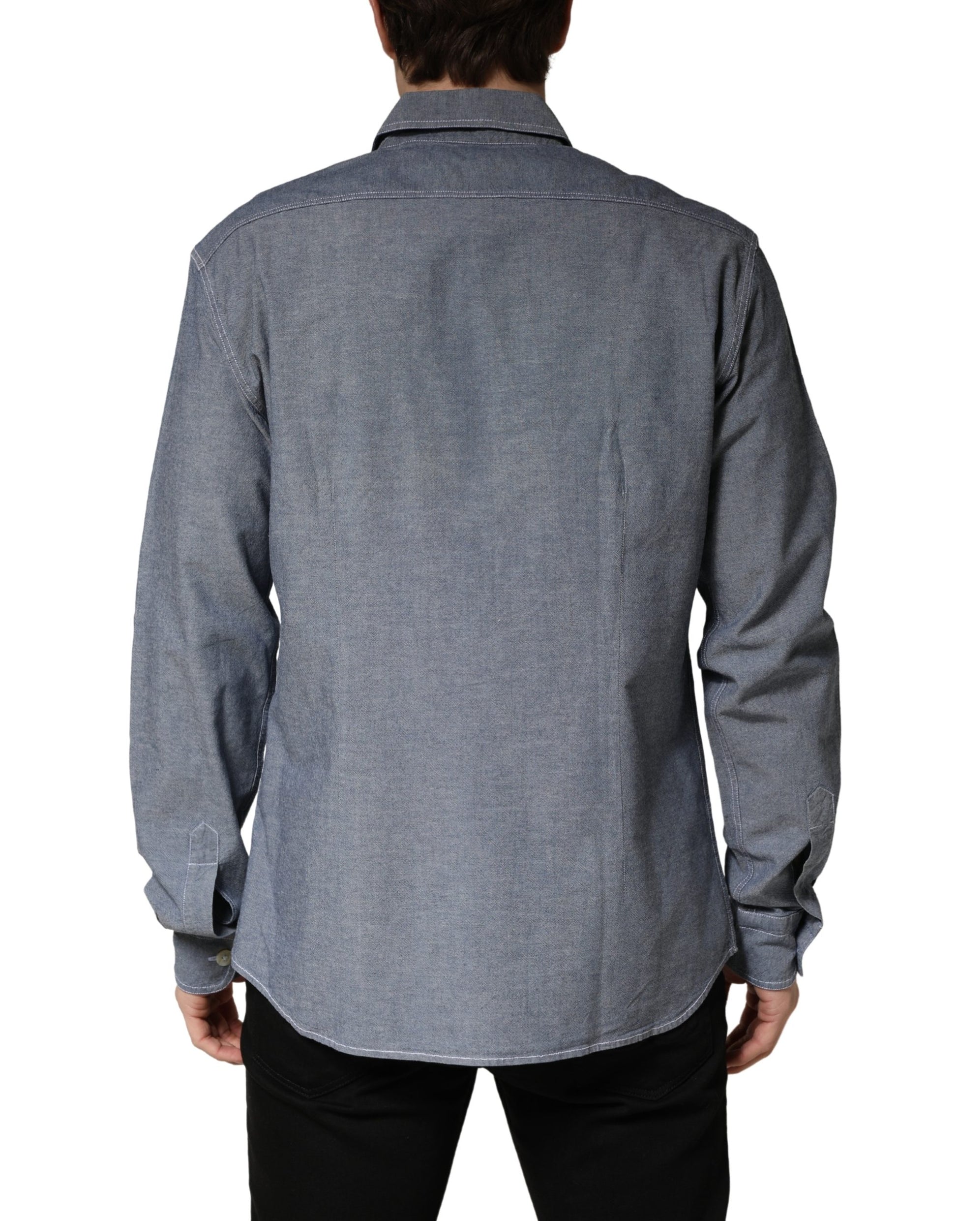 Dark Blue Slim Fit Collared Long Sleeve Denim Shirt