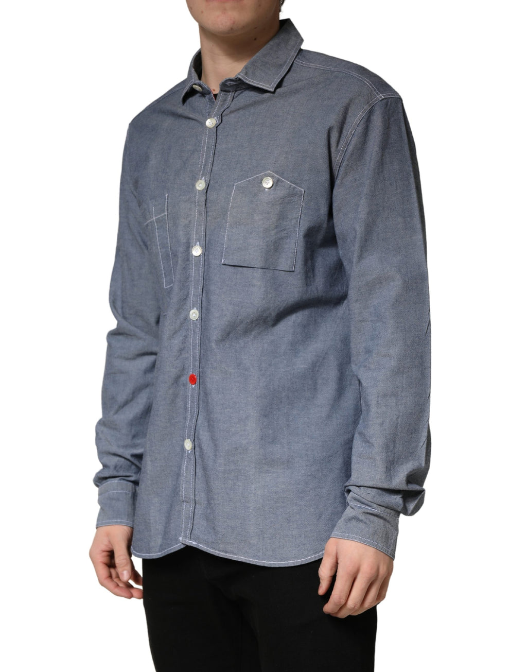 Dark Blue Slim Fit Collared Long Sleeve Denim Shirt
