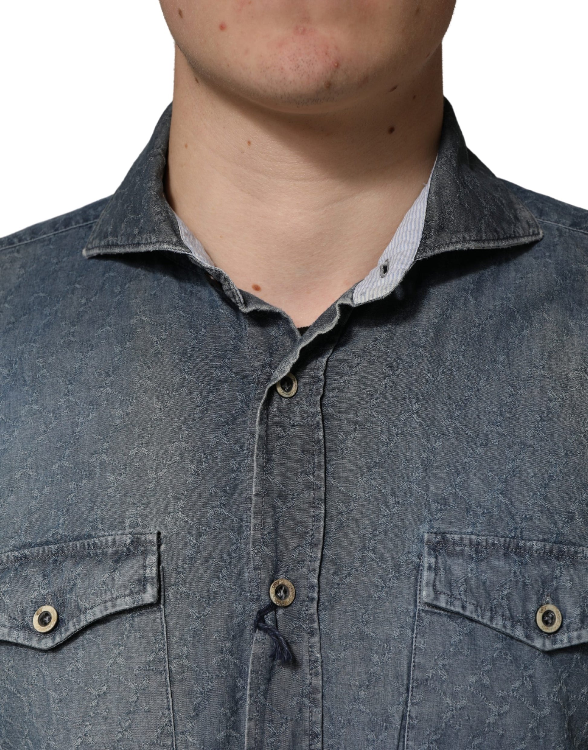 DarkBlue Long Sleeve Collared Denim Shirt