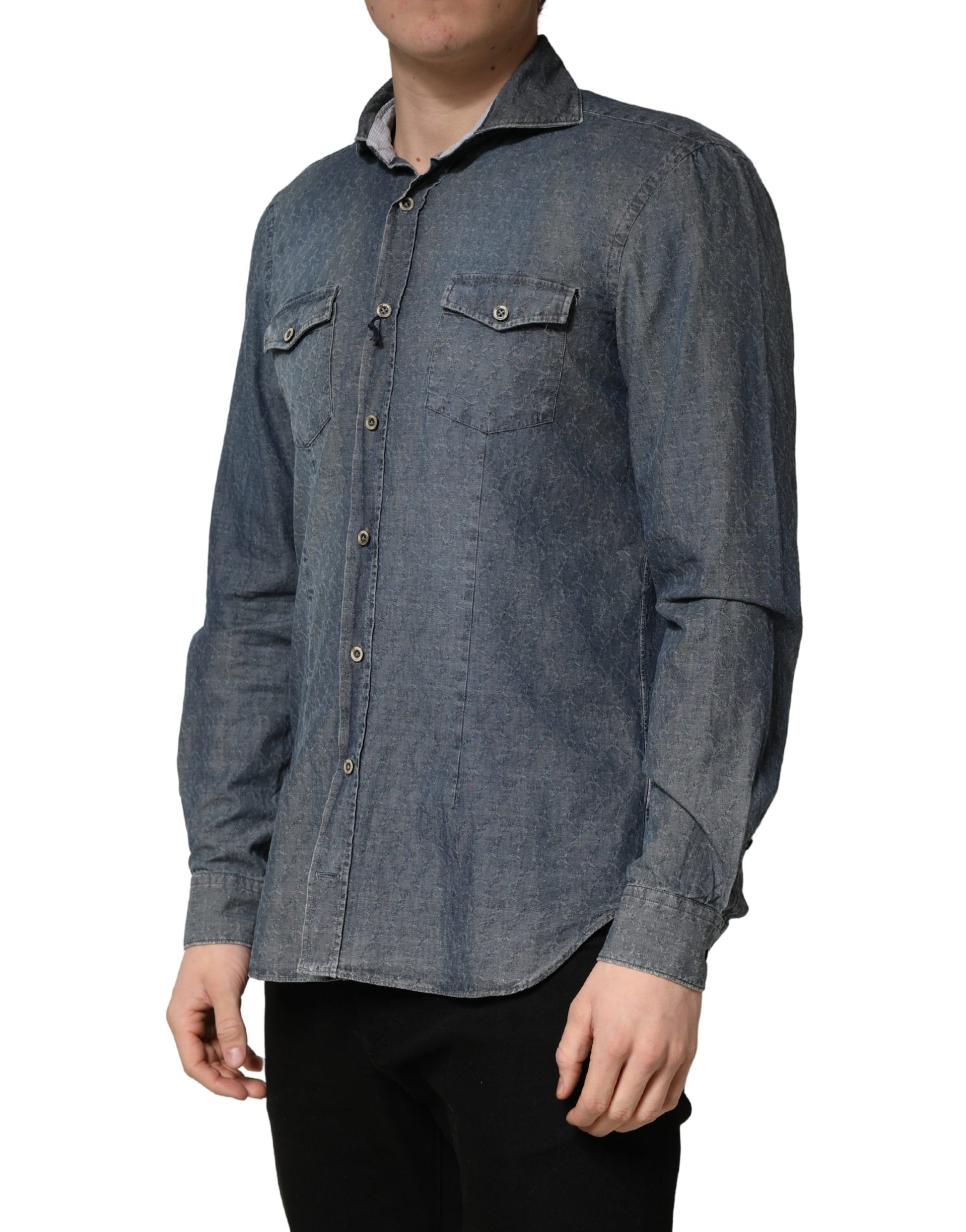 DarkBlue Long Sleeve Collared Denim Shirt