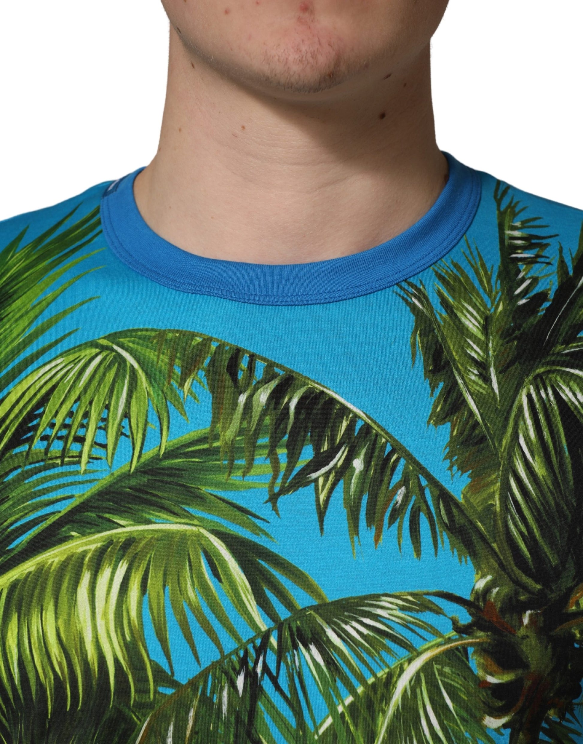 Blue Palm Tree Print Cotton CrewNeck T-shirt
