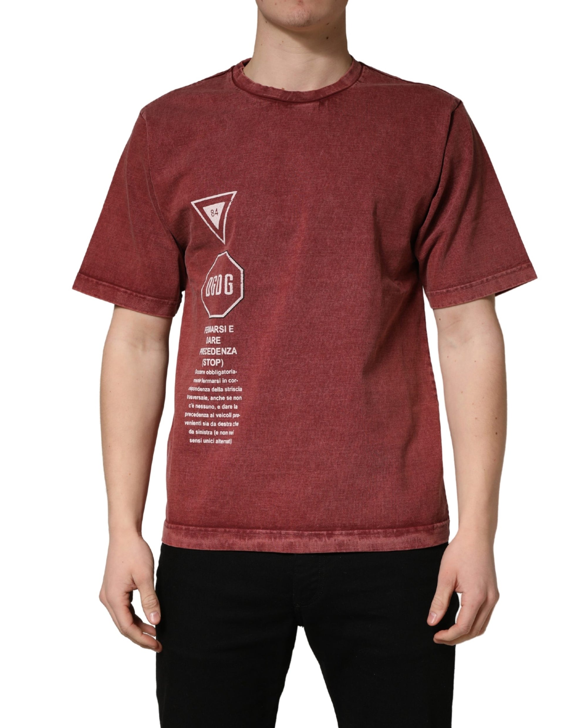 Maroon Print Round Neck Short Sleeve T-shirt
