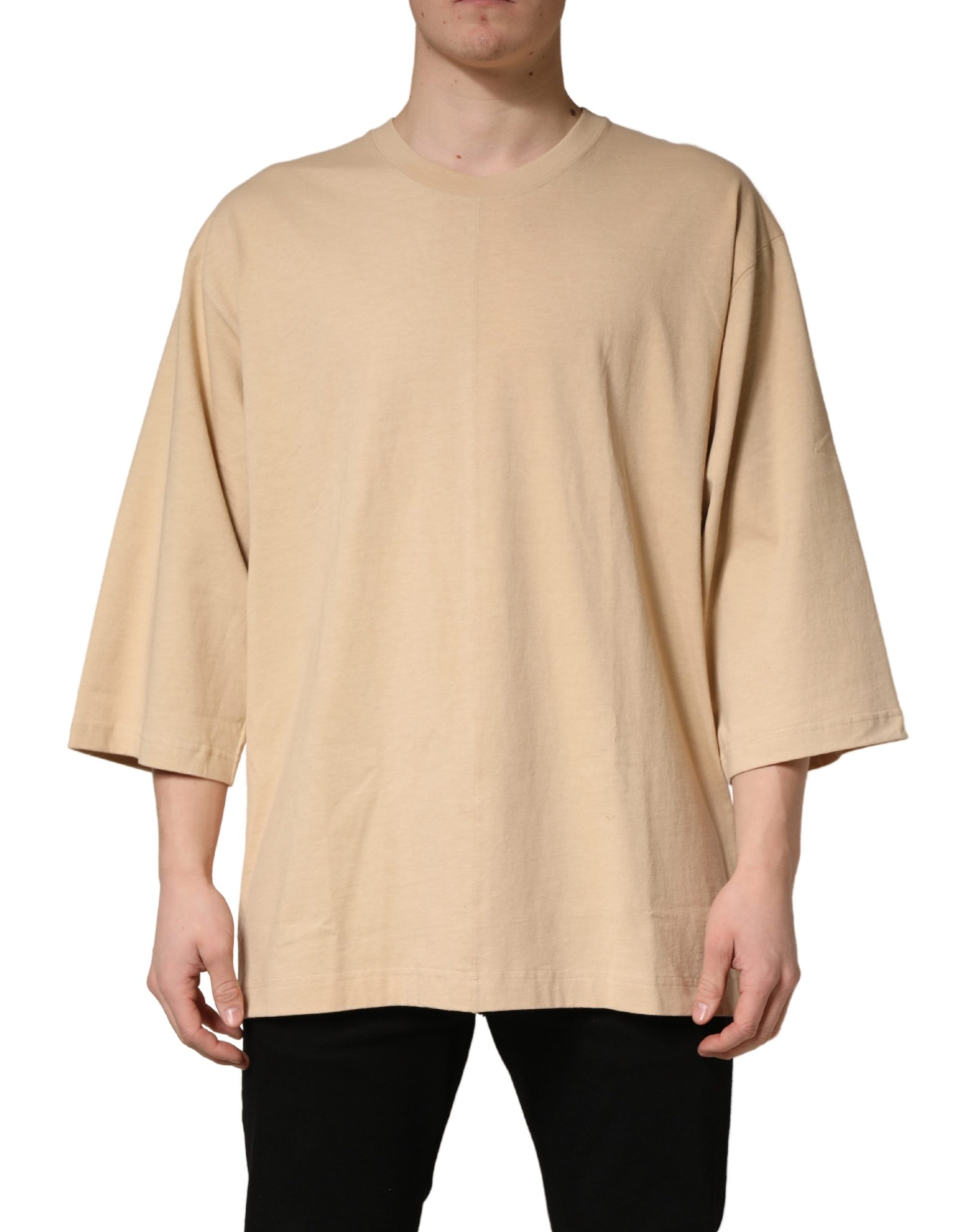 Beige Cotton Roundneck Oversized Fit T-shirt