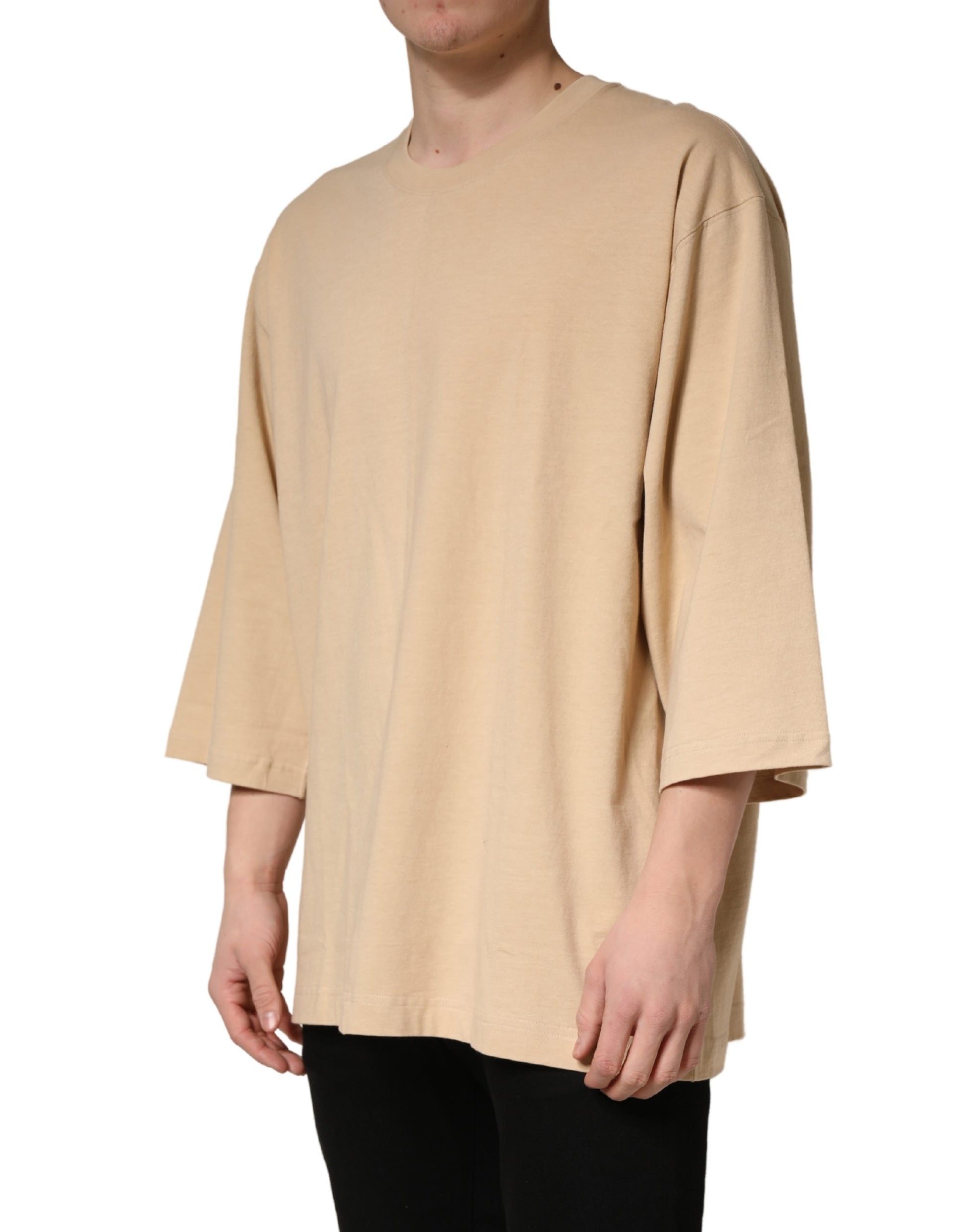 Beige Cotton Roundneck Oversized Fit T-shirt