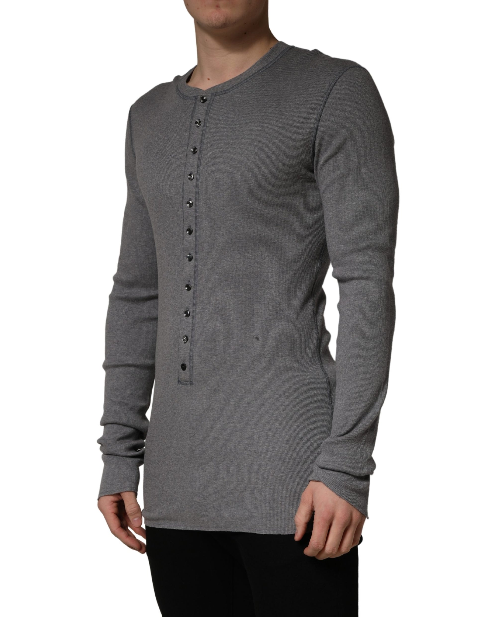 Gray Ribbed Cotton Long-Sleeve Henley  T-shirt