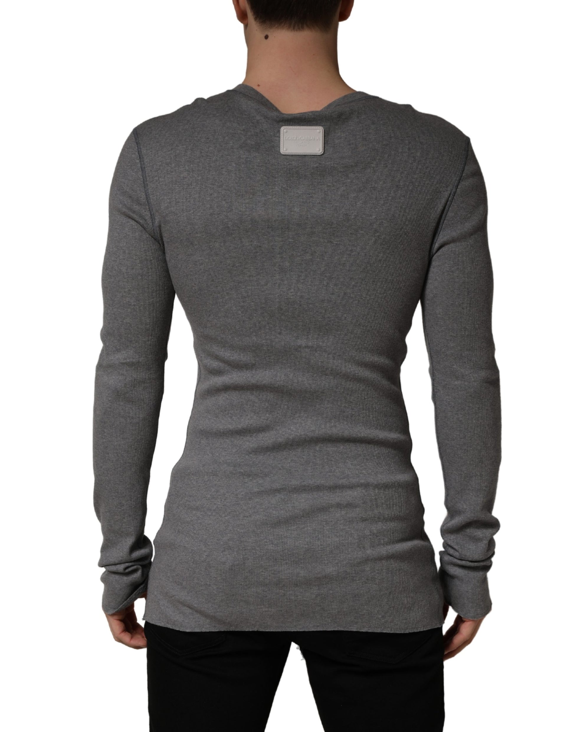 Gray Ribbed Cotton Long-Sleeve Henley  T-shirt